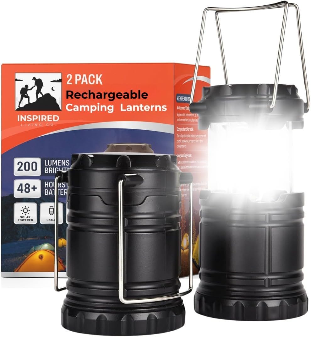 Rechargeable Camping Lantern, Pack of 2 - LED Camping Lantern Battery Powered, Waterproof Solar Lantern for Emergency, Hiking & Power Outages | USB-C Rechargeable, Collapsible, 360° Light