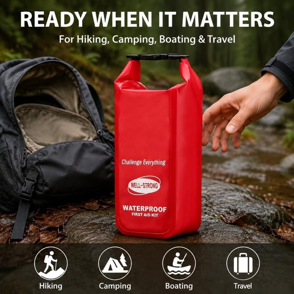 Waterproof First Aid Kit Roll Top Boat Emergency Kit with Waterproof Contents for Fishing Kayaking Boating Swimming Camping Rafting Beach Red - Image 5