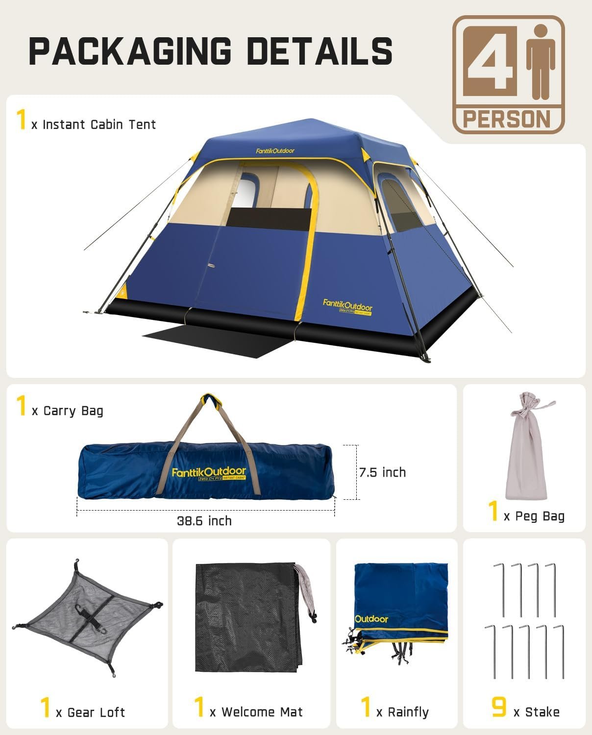 FanttikOutdoor Camping Tent 4/6/8/10 Person Instant Cabin Tent Setup in 60 Seconds with Rainfly & Windproof Portable with Carry Bag for Family Camping & Hiking, Upgraded Ventilation, Navy Blue - Image 6
