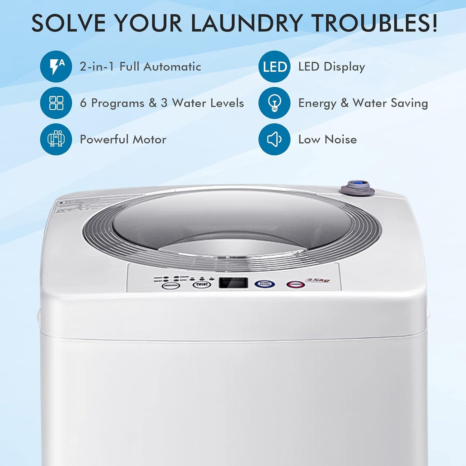 COSTWAY Portable Washing Machine, 8Lbs Capacity Full-automatic Washer with 6 Wash Programs, LED Display, 3 Water Levels, Compact Laundry Washer and Dryer Combo for Home, Apartment, Dorm, RVs - Image 8
