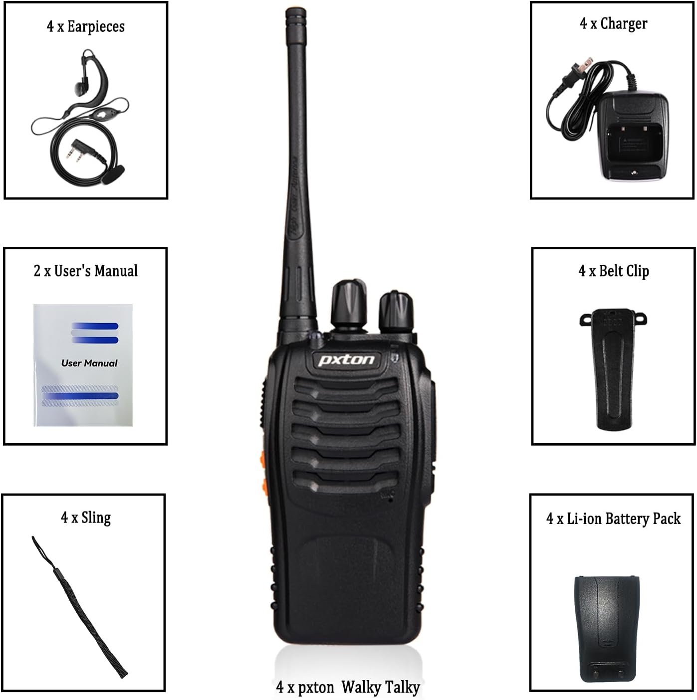 pxton Walkie Talkies Long Range for Adults with Earpieces,16 Channel Walky Talky Rechargeable Handheld Two Way Radios with Flashlight Li-ion Battery and Charger(4 Pack) - Image 6