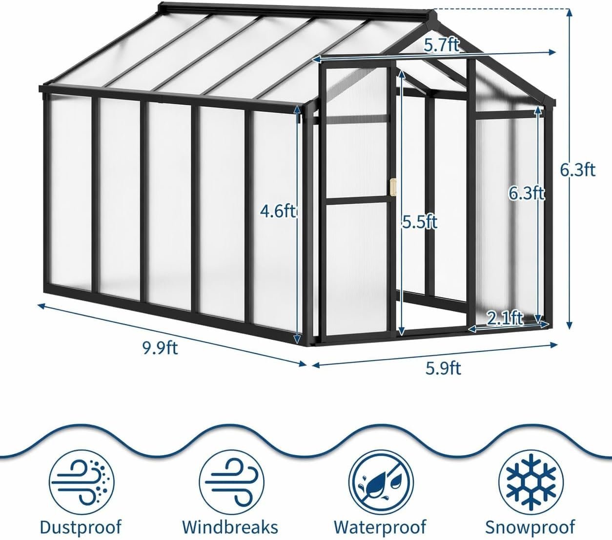 6x10 FT Greenhouse, Easy Assembly Aluminum Polycarbonate Greenhouses for Outdoors with Roof Vent, Large Aluminum Walk-in Greenhouse for Sunroom Patio, Backyard, Garden, Sliding Lockable Door, Black - Image 4