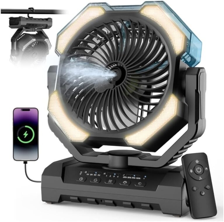 Camping Misting Fan, 24000mAh Portable Battery Powered Fan with Mist, Light
