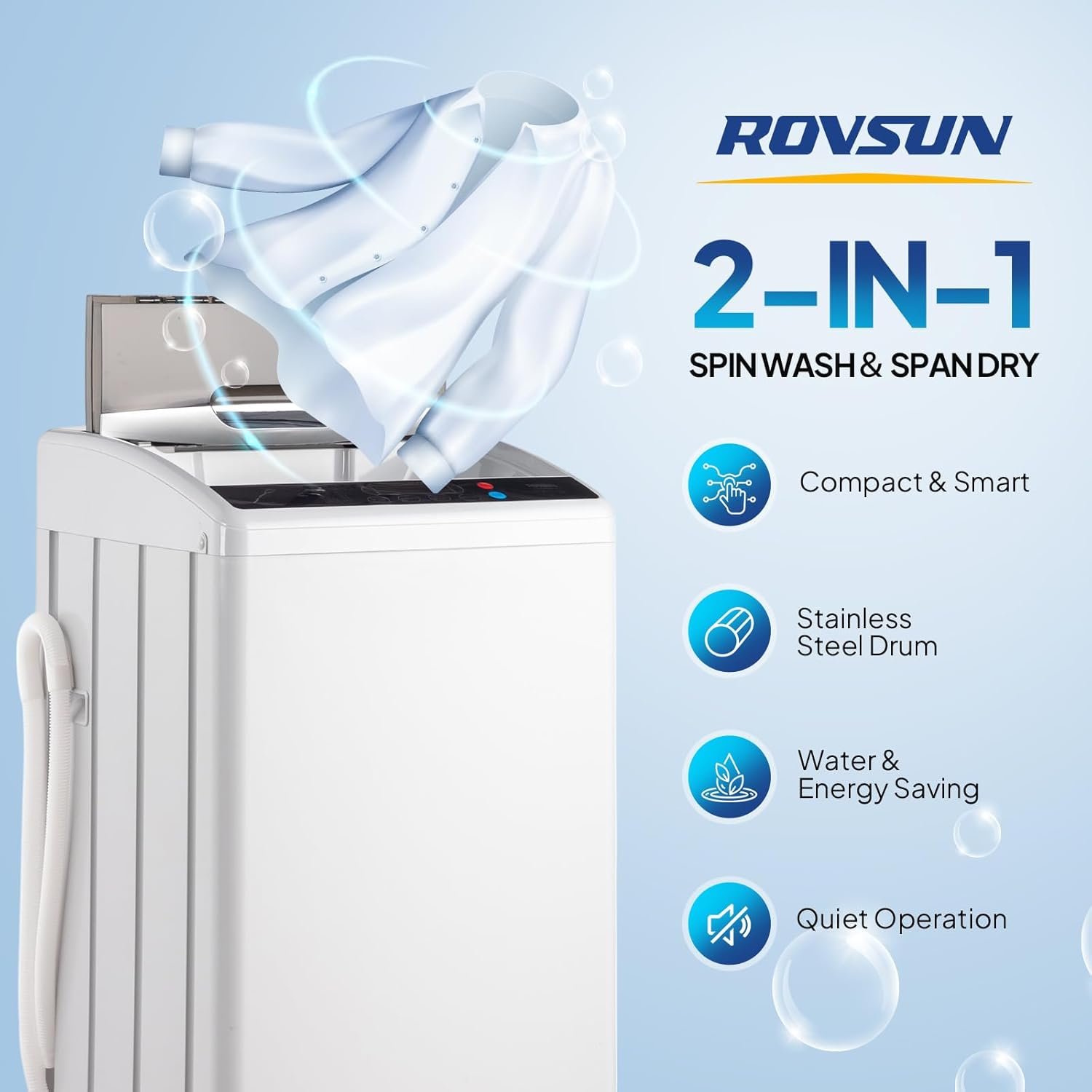 ROVSUN 25LBS Portable Washing Machine, Full-Automatic Electric Laundry Machine with Stainless Steel Drum, Compact Washer and Spin Dryer Combo with Drain Pump for Home, Apartment - Image 3