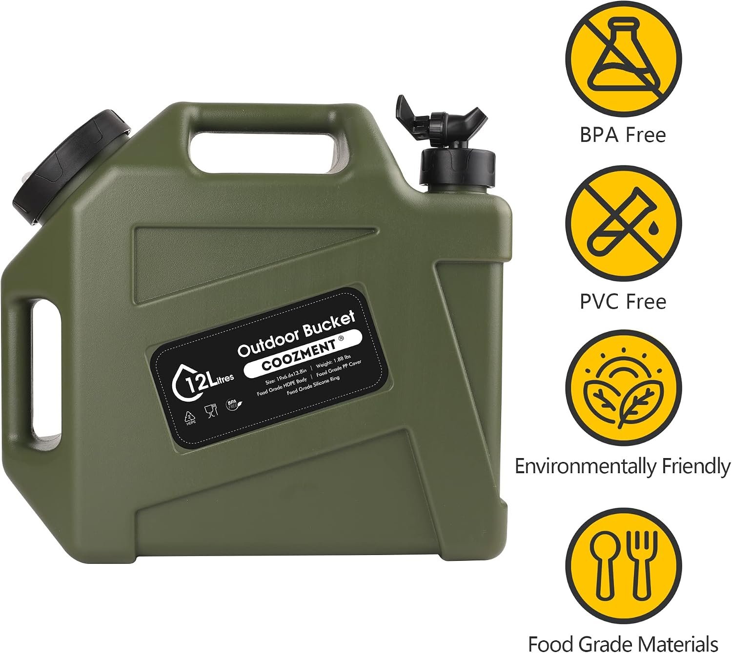 COOZMENT 3.2 Gallon/5 Gallon Water Containers with Spigot, BPA Free Water Jug, Military Green Water Tank, Multifunction Water Storage Containers for Camping Outdoor Hiking,Emergency Storage - Image 2