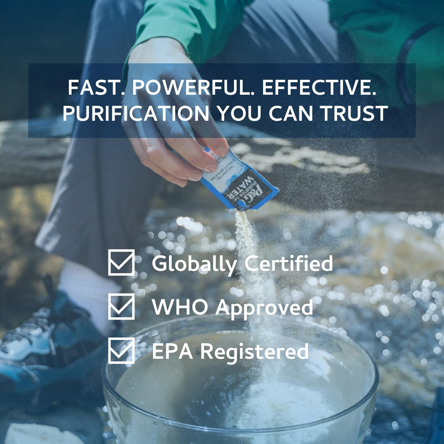 P&G Purifier of Water Portable Water Purifier Packets (240 Packets) - Emergency Water Filter Purification Powder for Emergency Kit, Survival, Camping, Hiking, Backpacking, and Disaster Preparedness - Image 3