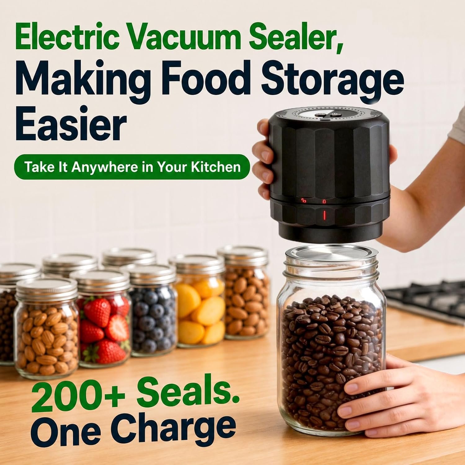 M11 Electric Mason Jar Vacuum Sealer Kit - with Wide and Regular Mouth Mason Lids, Jar Vacuum Sealer for Canning Jars, Vacuum Sealing Machine for Food Storage Black - Image 5