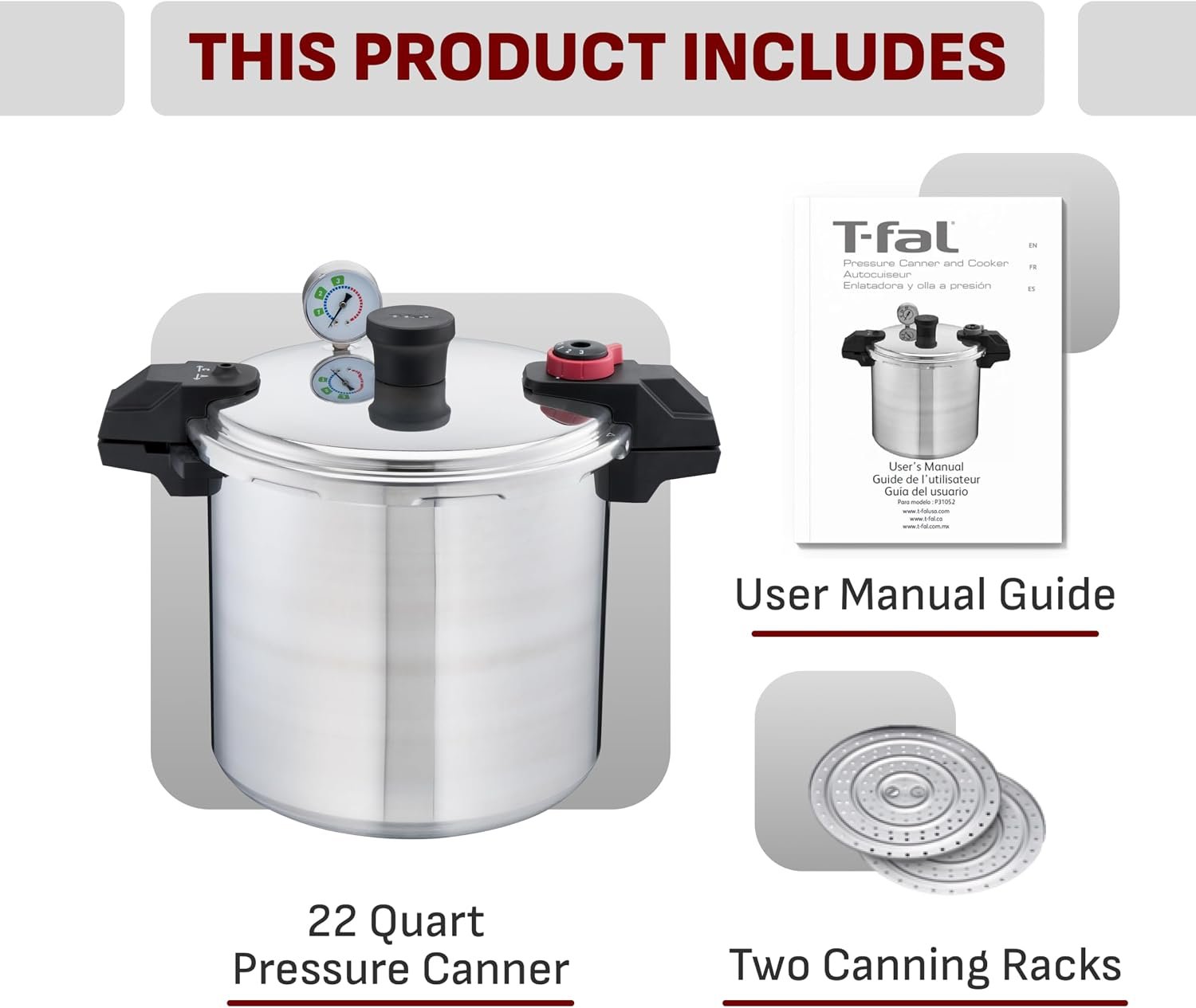 T-fal 22-Quart Aluminum Pressure Canner, 3 PSI Settings, Home Canning, Includes Racks & Canning Guide, Large Capacity, Pressure & Water Bath Canning for Vegetables, Meats, Seafood & Fruits, Silver - Image 2