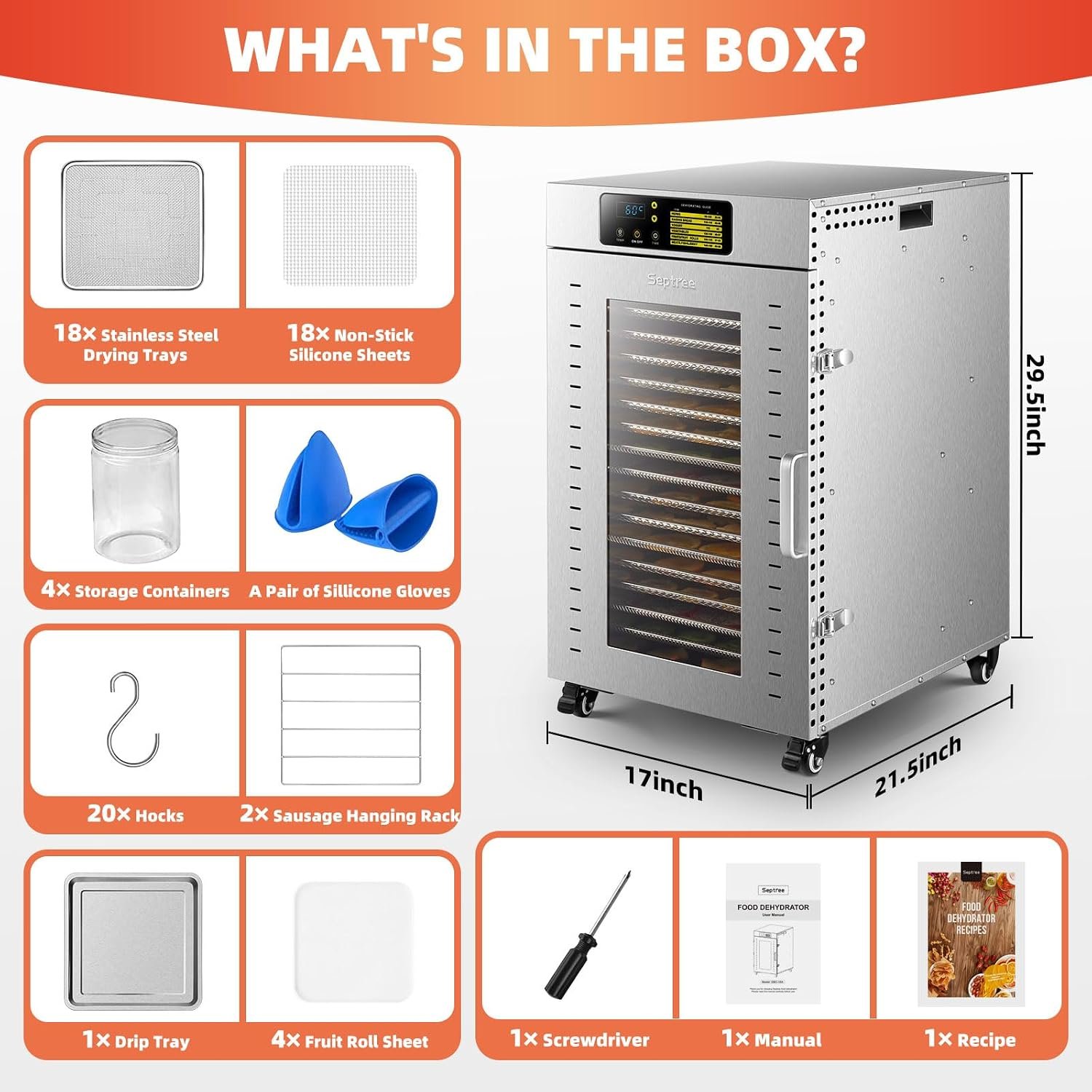 Commercial Food Dehydrator 18 Trays, 2000W Large Capacity 34.42ft² Food Dryer Machine for Jerky, Meat, Fruit, Herbs, Full Stainless Steel Industrial Dehydrater Biltong Maker - Image 6