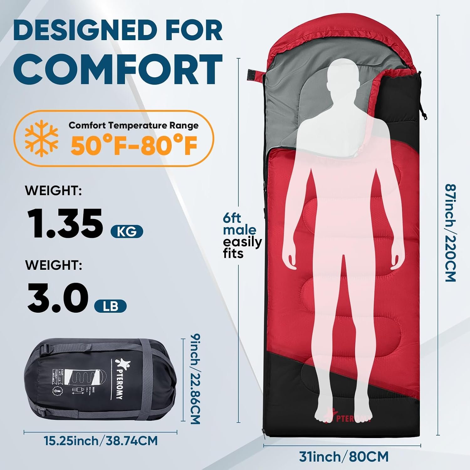 PTEROMY Sleeping Bags for Adults, Lightweight and Machine Washable, Water Resistant Backpacking Camping Sleeping Bag for Warm Cold Weather, Camping Essentials for Hiking Travel - Image 2