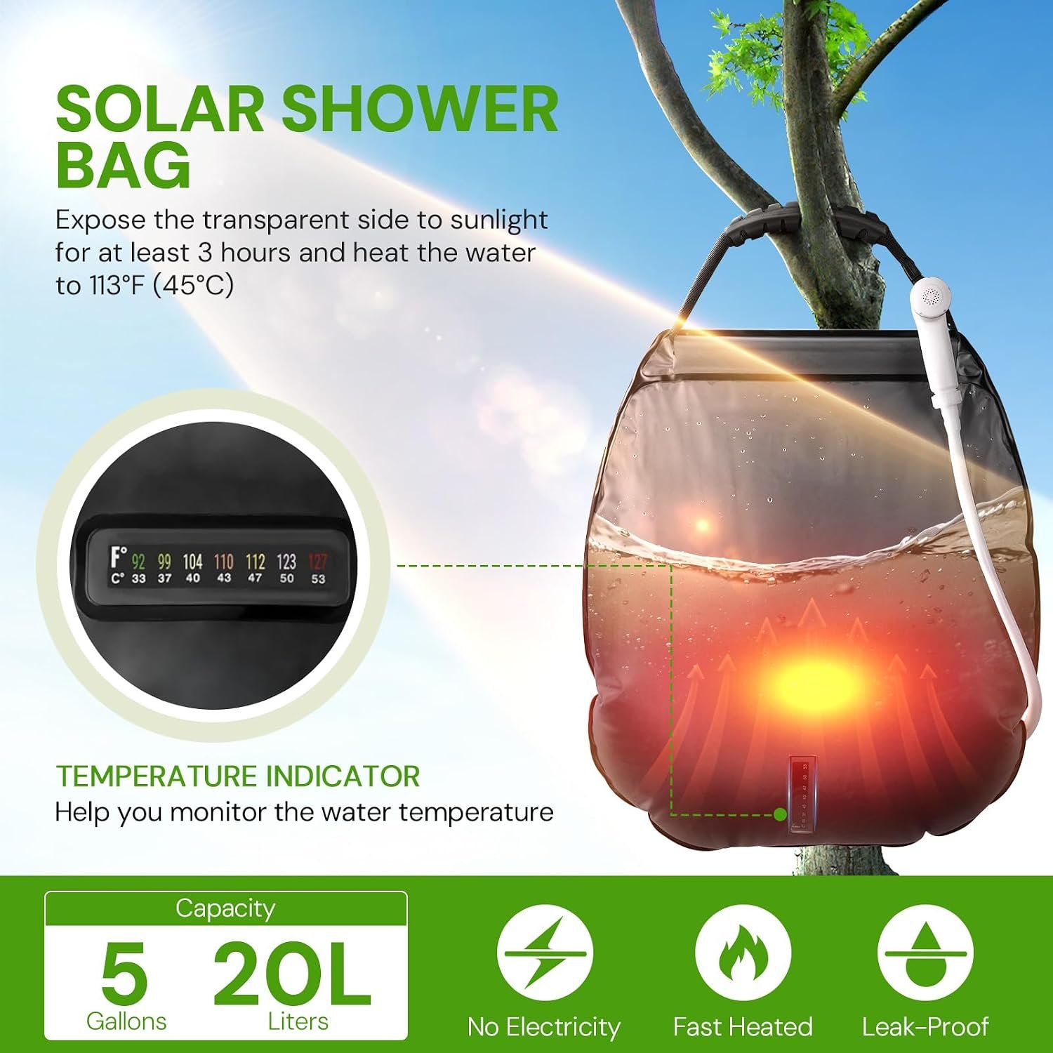 sapsisel Camping Shower Bag, 5 Gal/20L Solar Heating Camping Shower with Upgraded Hose and Shower Head,Portable Shower for Camping,Solar Shower - Image 2