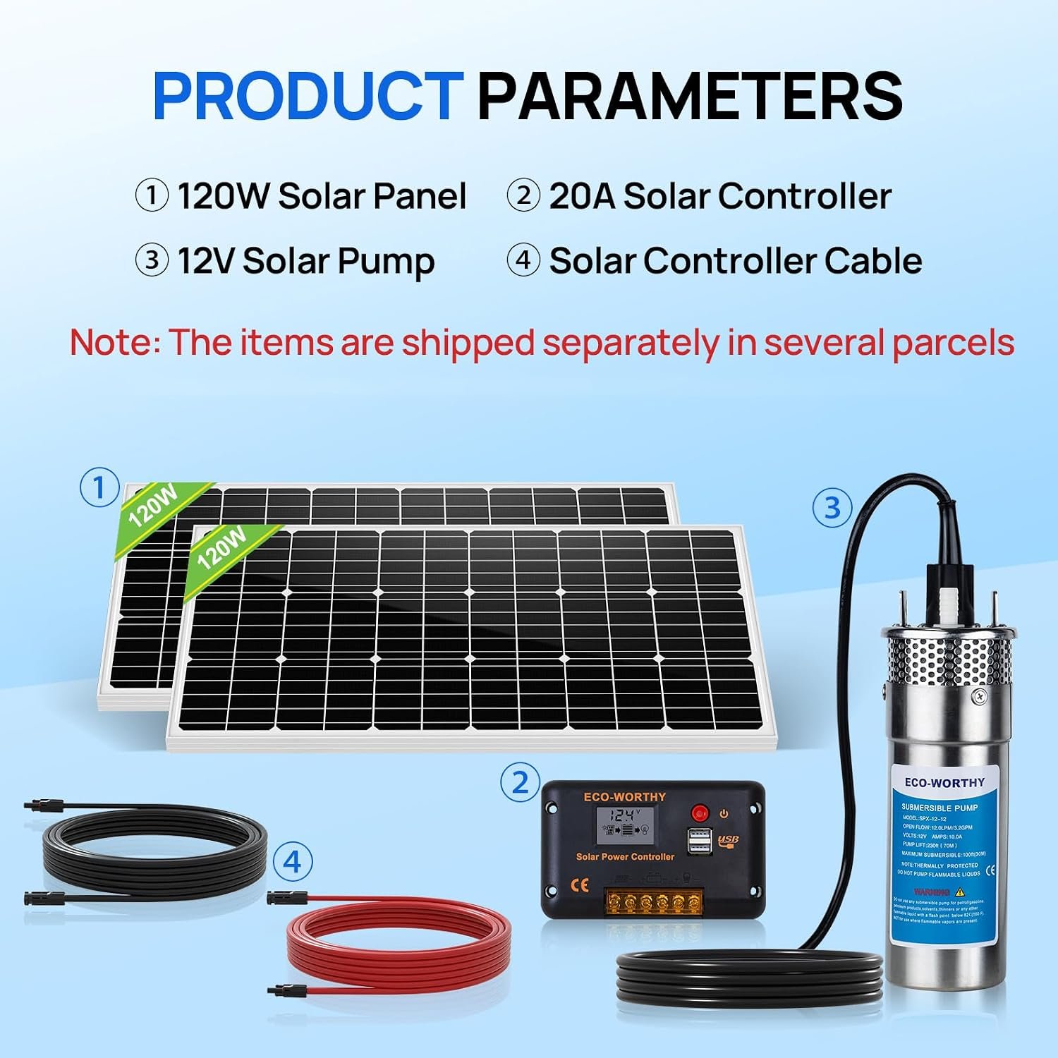 ECO-WORTHY 200W Solar Well Pump Kit, 12V Stainless Steel Deep Well Solar Pump, 2pcs Solar Panels with Controller and Cable for Off-grid Living, Irrigation, Farm, Delivered in Multiple Packages - Image 9