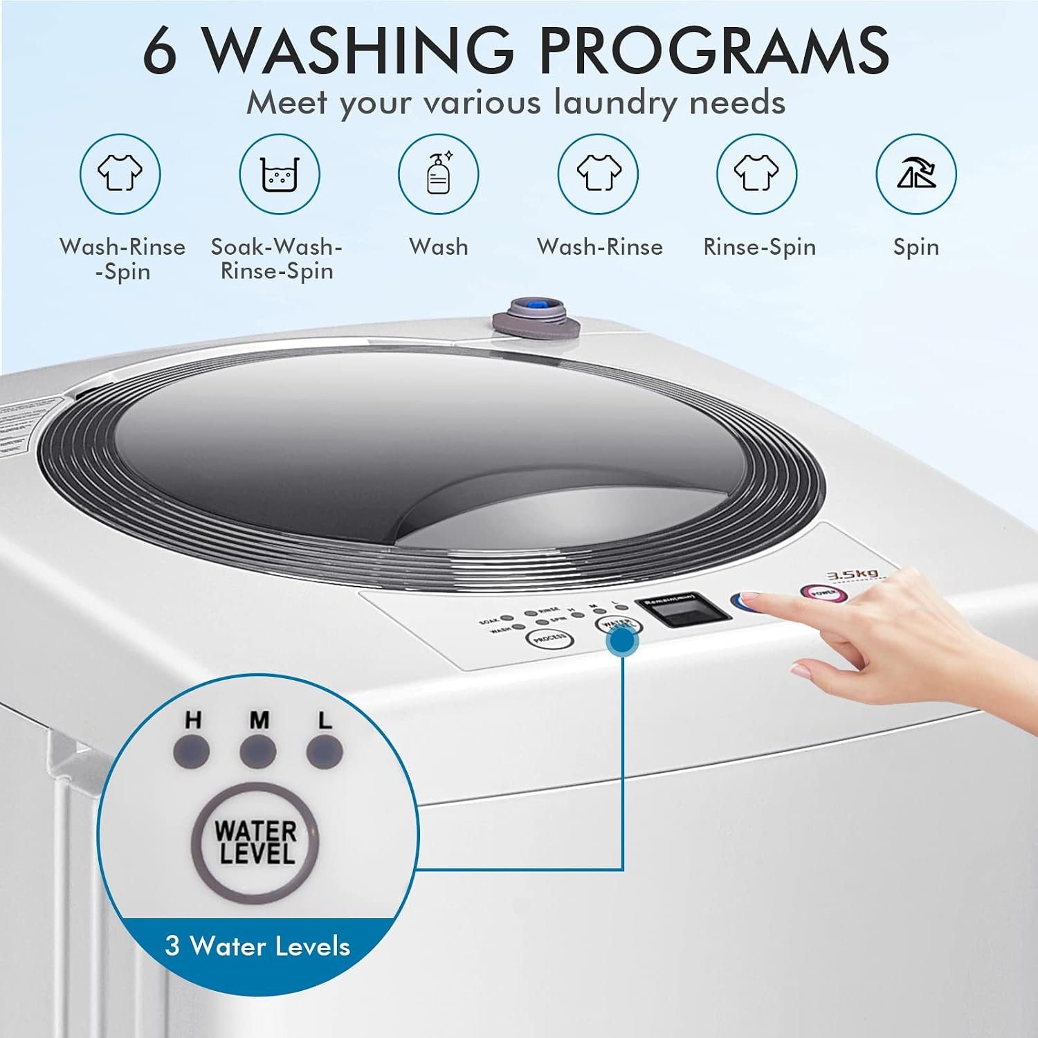 COSTWAY Portable Washing Machine, 8Lbs Capacity Full-automatic Washer with 6 Wash Programs, LED Display, 3 Water Levels, Compact Laundry Washer and Dryer Combo for Home, Apartment, Dorm, RVs - Image 4