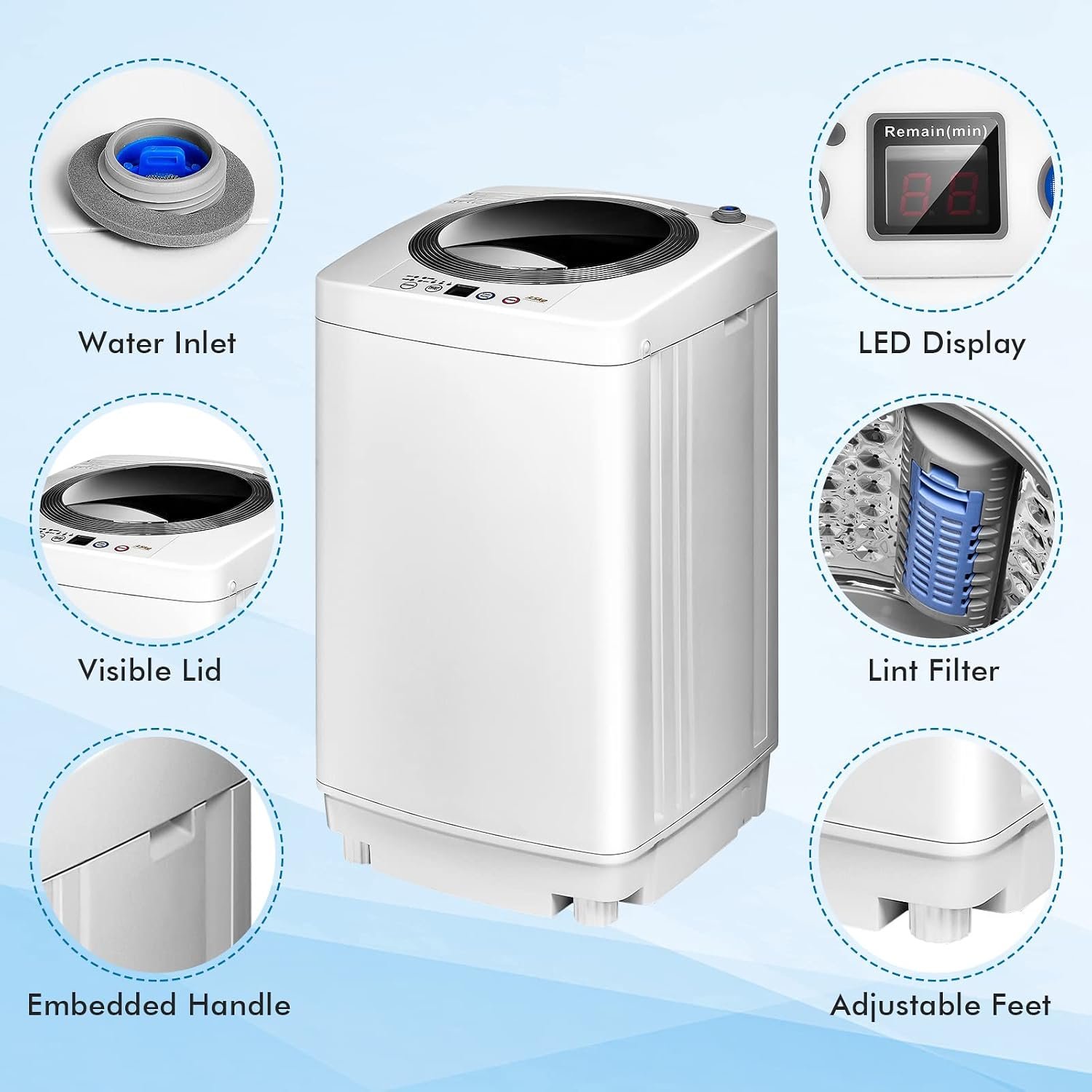 COSTWAY Portable Washing Machine, 8Lbs Capacity Full-automatic Washer with 6 Wash Programs, LED Display, 3 Water Levels, Compact Laundry Washer and Dryer Combo for Home, Apartment, Dorm, RVs - Image 7