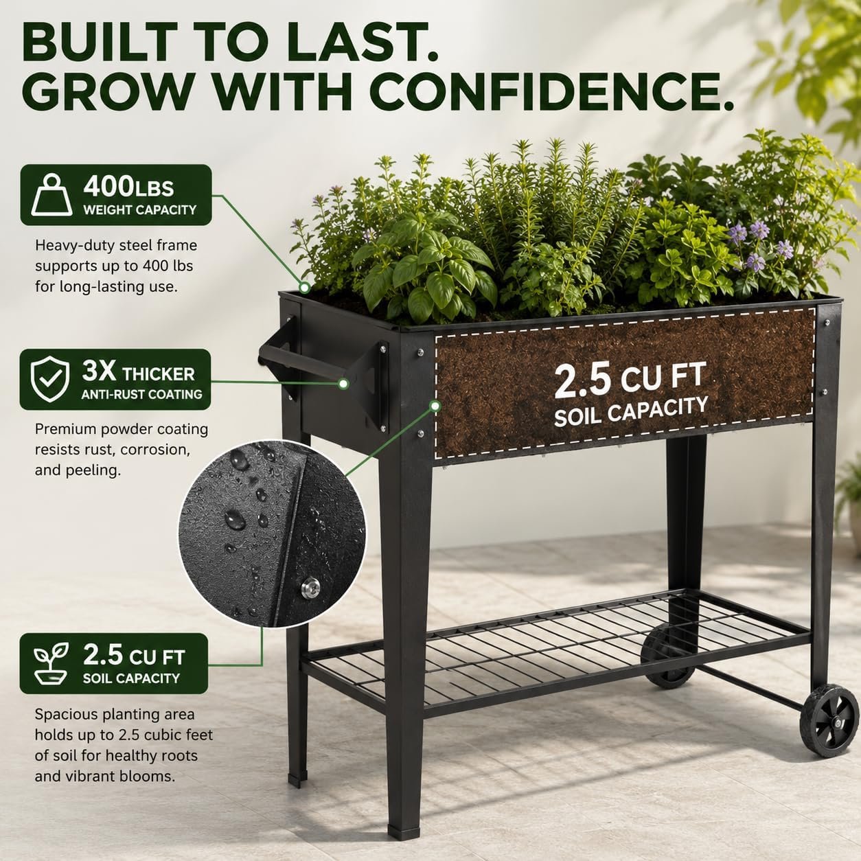 LEETOLLA 32-Inch Elevated Raised Garden Bed with Wheels and Storage Shelf - Image 3