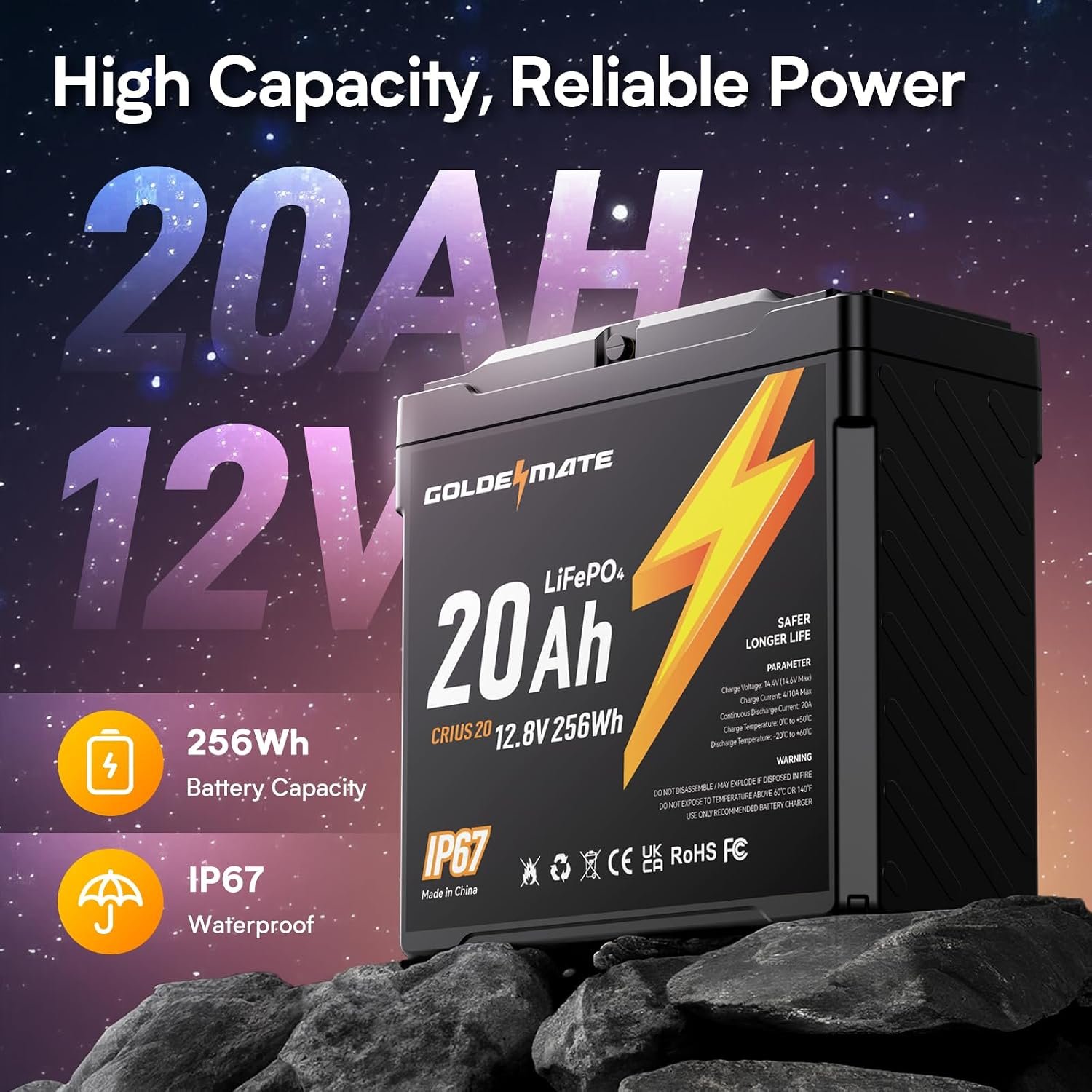 GOLDENMATE 12V 20Ah Lithium LiFePO4 Battery(2 Packs), IP67 Waterproof - Image 2