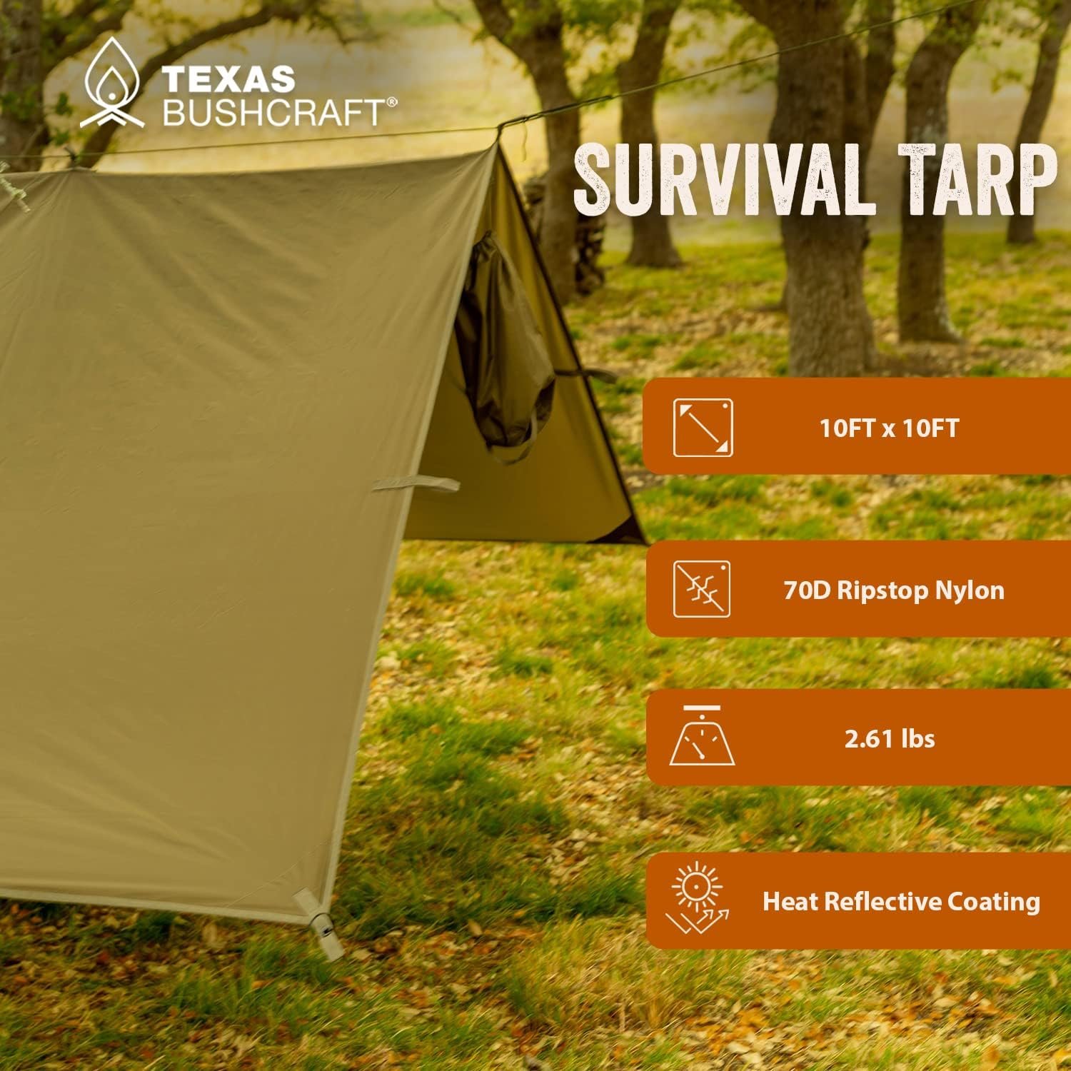 Texas Bushcraft Emergency Camping Tarp, Waterproof 10x10 Emergency Shelter for Backpacking and Hiking, 70D Ripstop Nylon Survival Tarp with Reflective Aluminized Polymer and Loop Ties with Grommets - Image 4