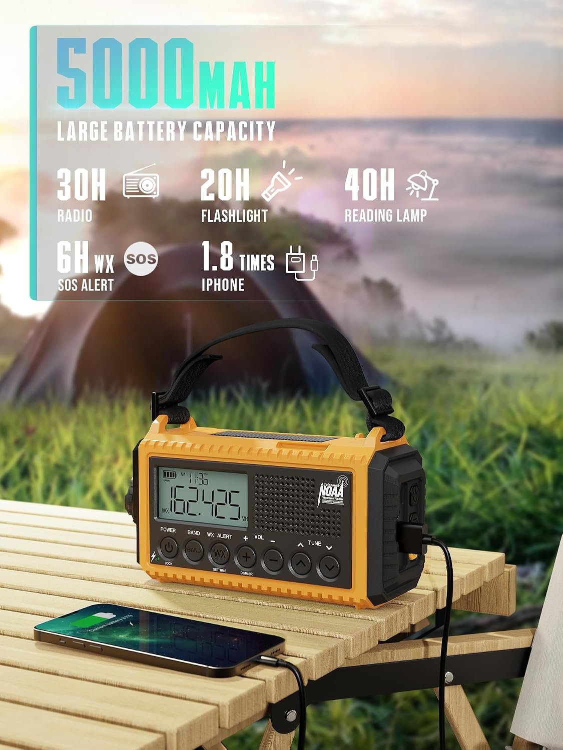Emergency Radio Hand Crank NOAA Weather Alert/AM/FM/SW, 5000mAh Rechargeable Battery Powered Solar, Portable with 2-Mode LED Flashlight, SOS Alarm - Image 5