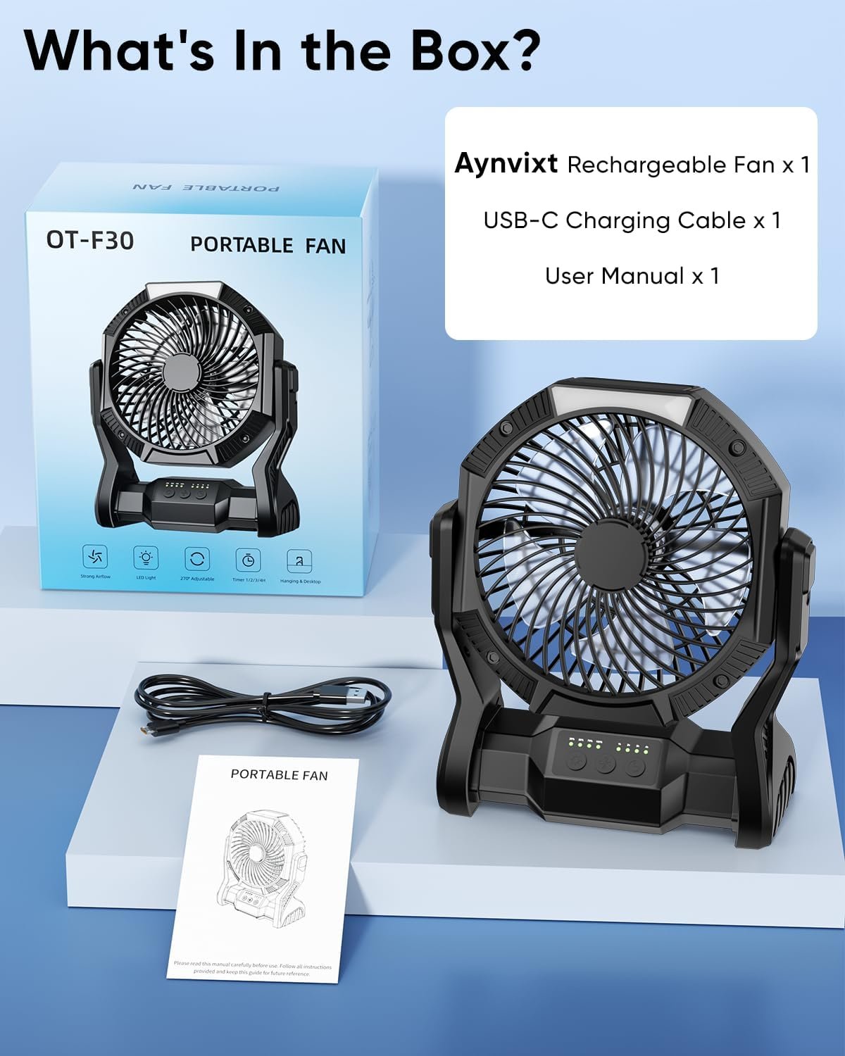Portable Rechargeable Fan, 20000mAh Battery Powered Camping Fan with LED Light & Hook, 270° Adjustable, 4-Speed, 4H Timer Camping Essentials for Outdoor Tent Travel BBQ Car, Gifts for Men Dad - Image 9