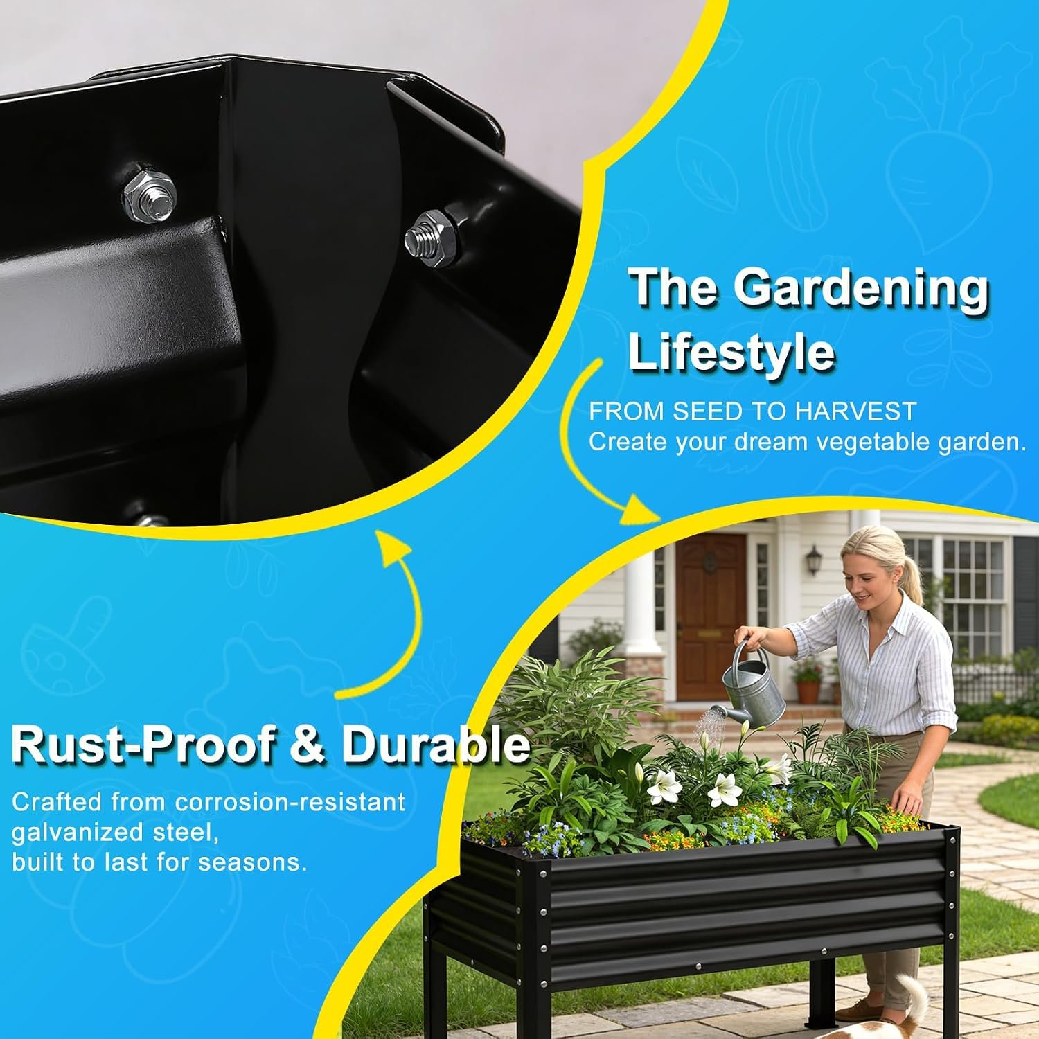 Large Galvanized Raised Garden Bed Outdoor with Legs, Load Capacity 1200LB, 48x26x30in Raised Garden Bed, for Backyard/Patio/Balcony/Gardening/Vegetables Flowers, Black - Image 3