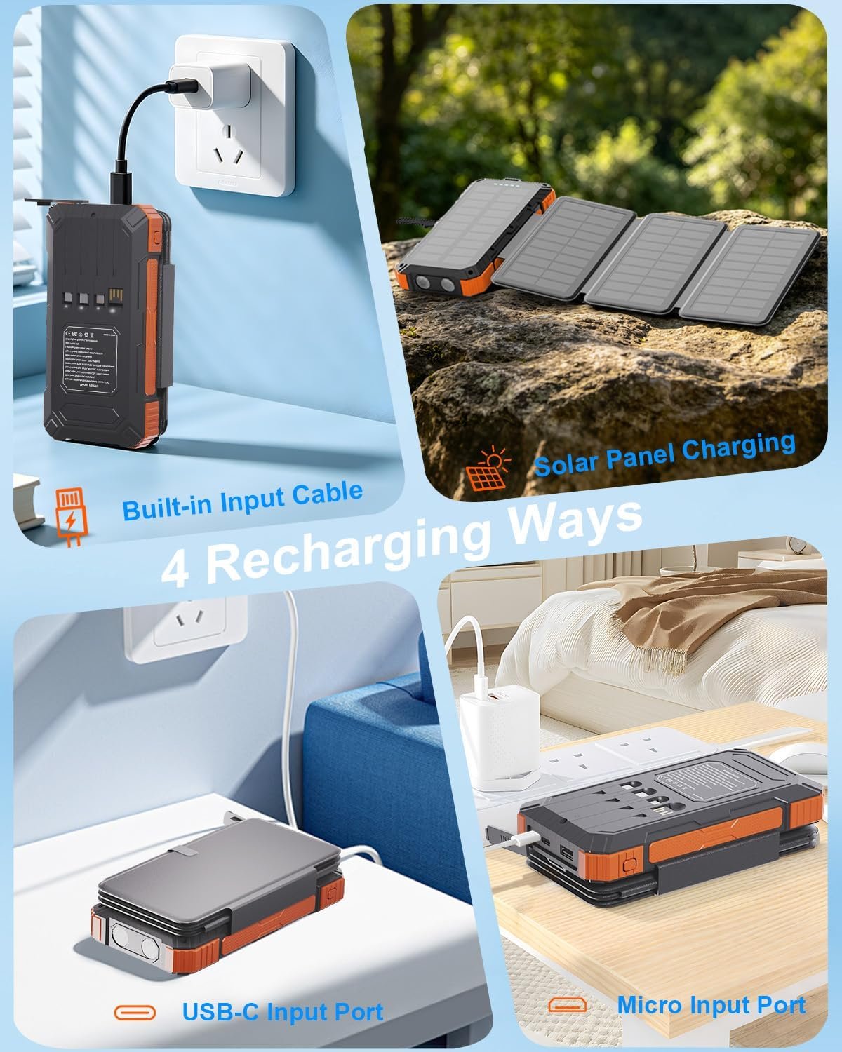 Solar Charger Power Bank 49800mAh with 4 Built-in Cables & 4 Foldable Panels, 22.5W Fast Portable Phone Charger, External Battery Pack with USB-C in/Output & Flashlight for Outdoor Camping - Image 8