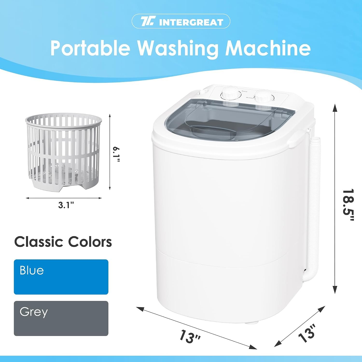 INTERGREAT Portable Washing Machine, 5.5 Lbs Mini Washer Machine Compact, 110V Single Tub Portable Laundry Washer Machine for Apartments, Dorms, Traveling, RV, Grey - Image 3
