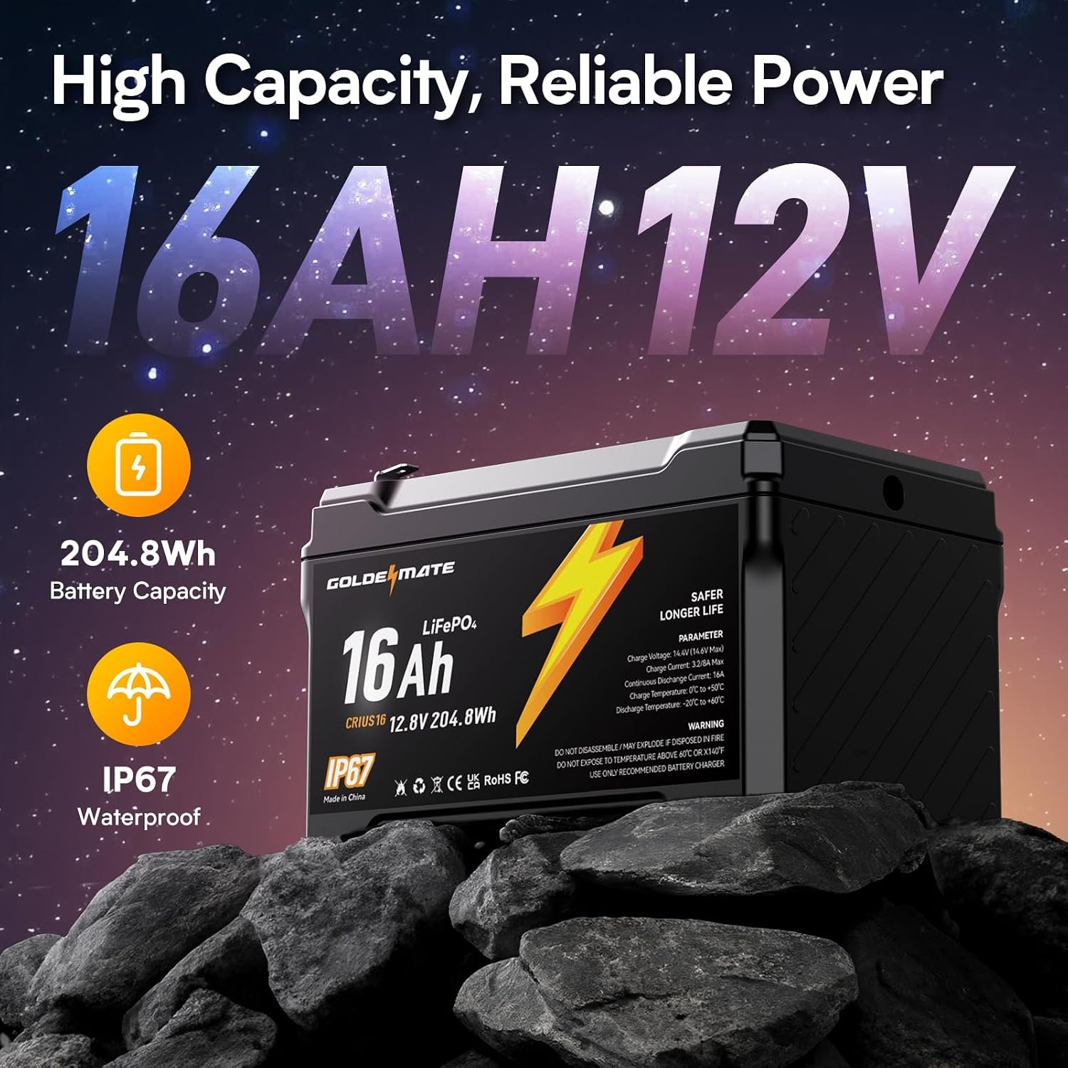 GOLDENMATE 12V 16Ah LiFePO4 Lithium Battery, IP67 Waterproof, Lightweight - Image 2