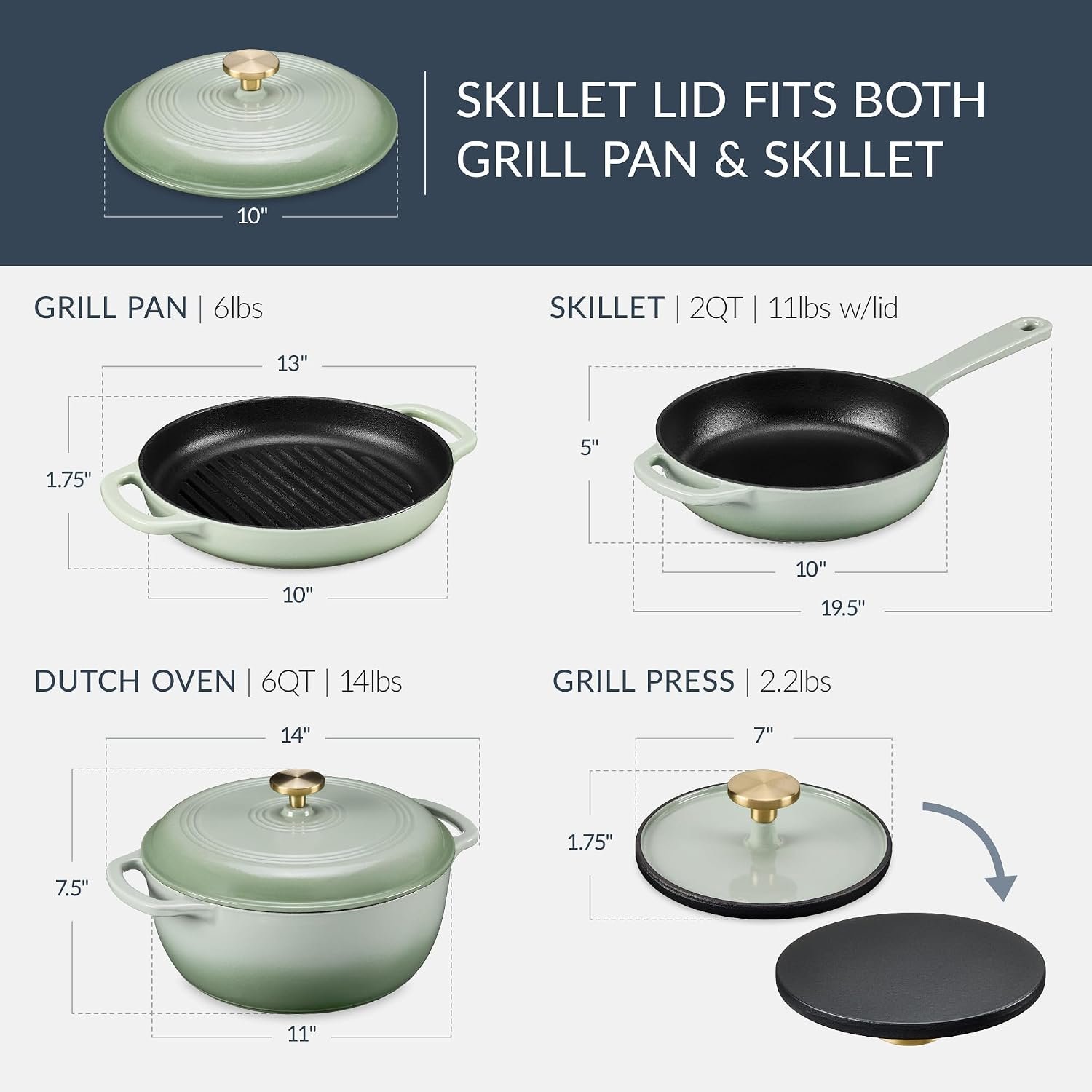 Best Choice Products 6-Piece Cast Iron Cookware Set, Ceramic Coated 6Qt Dutch Oven, 2Qt Skillet W/Lid, 10" Grill Pan W/Press, Non-toxic, Heavy Duty, Gas/Induction Compatible, PFAS Free - Sage - Image 2