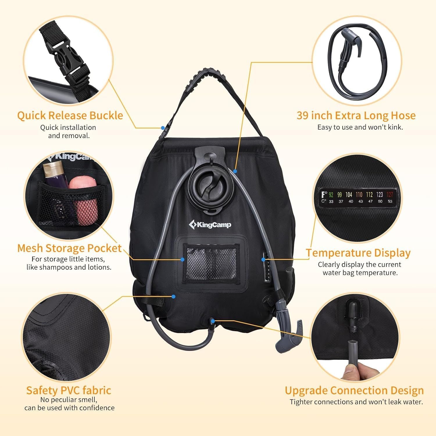 KingCamp Solar Shower Bag, Leak-Proof Design Camping Bag with Thermometer, Removable Hose & Switchable Shower Head, 5 gallon/20L - Image 5