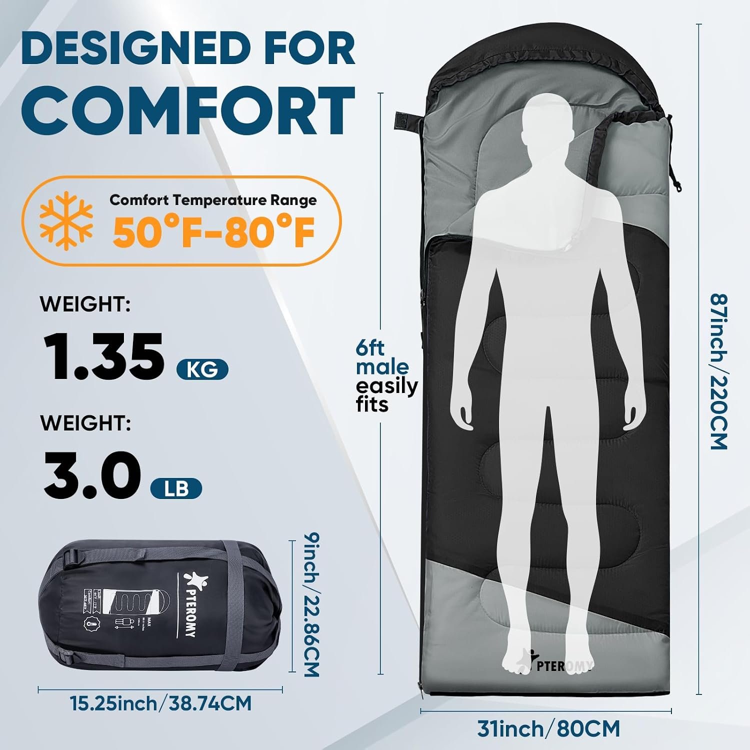 PTEROMY Sleeping Bags for Adults, Lightweight and Machine Washable, Water Resistant Backpacking Camping Sleeping Bag for Warm Cold Weather, Camping Essentials for Hiking Travel - Image 2