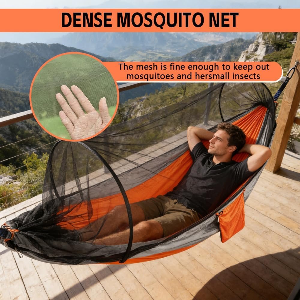 Camping Hammock with Mosquito Net - Double & Single Portable Hammocks with 2 Tree Straps, Lightweight Hammock Tent for Outdoor Camping, Hiking, Backpacking, Beach & Backyard (Orange) - Image 4