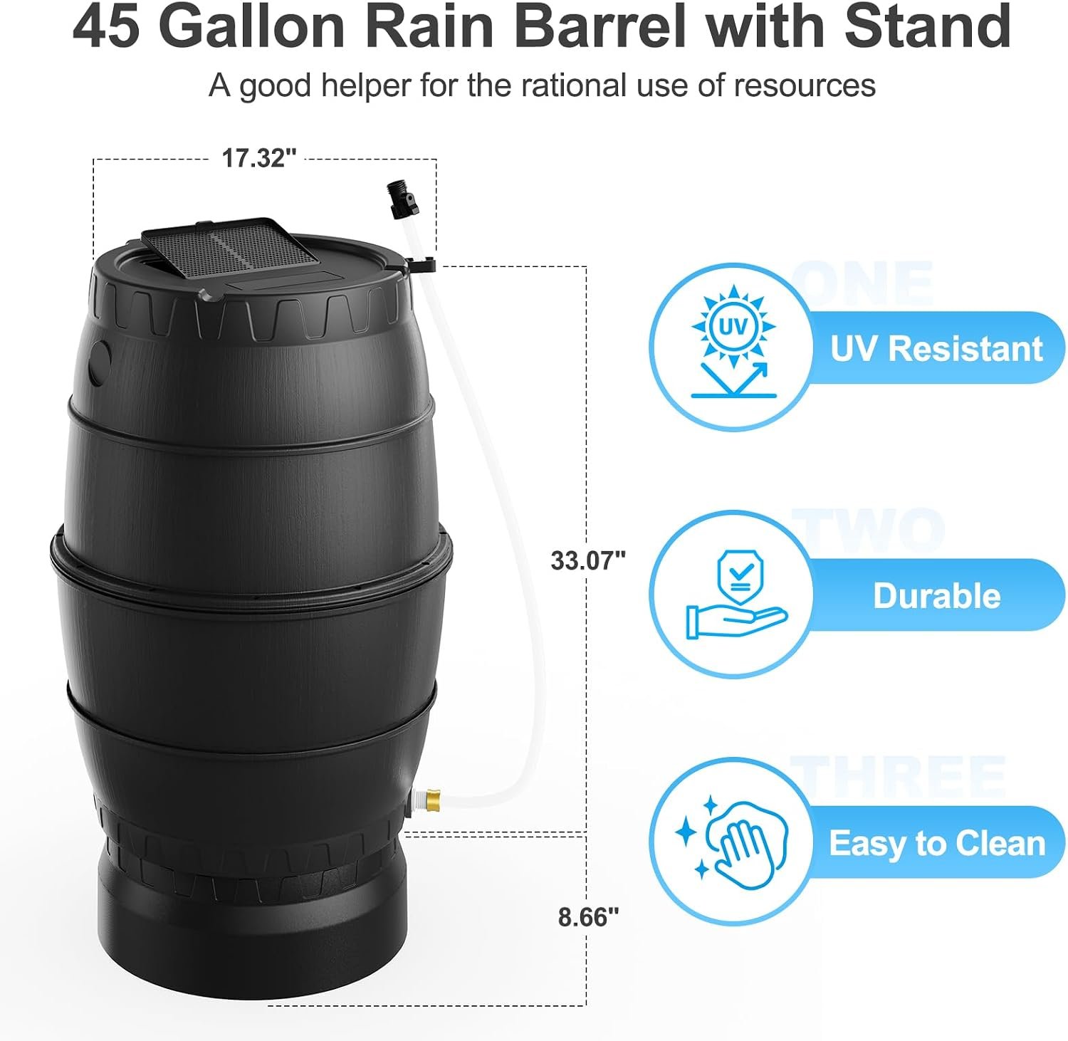 45 Gallon Rain Barrel with Stand for Gutter Rainwater Collection, BPA-Free Water Storage Barrel with Mesh Screen, Spigot and Overflow Valve for Garden Watering and Outdoor Use - Image 3