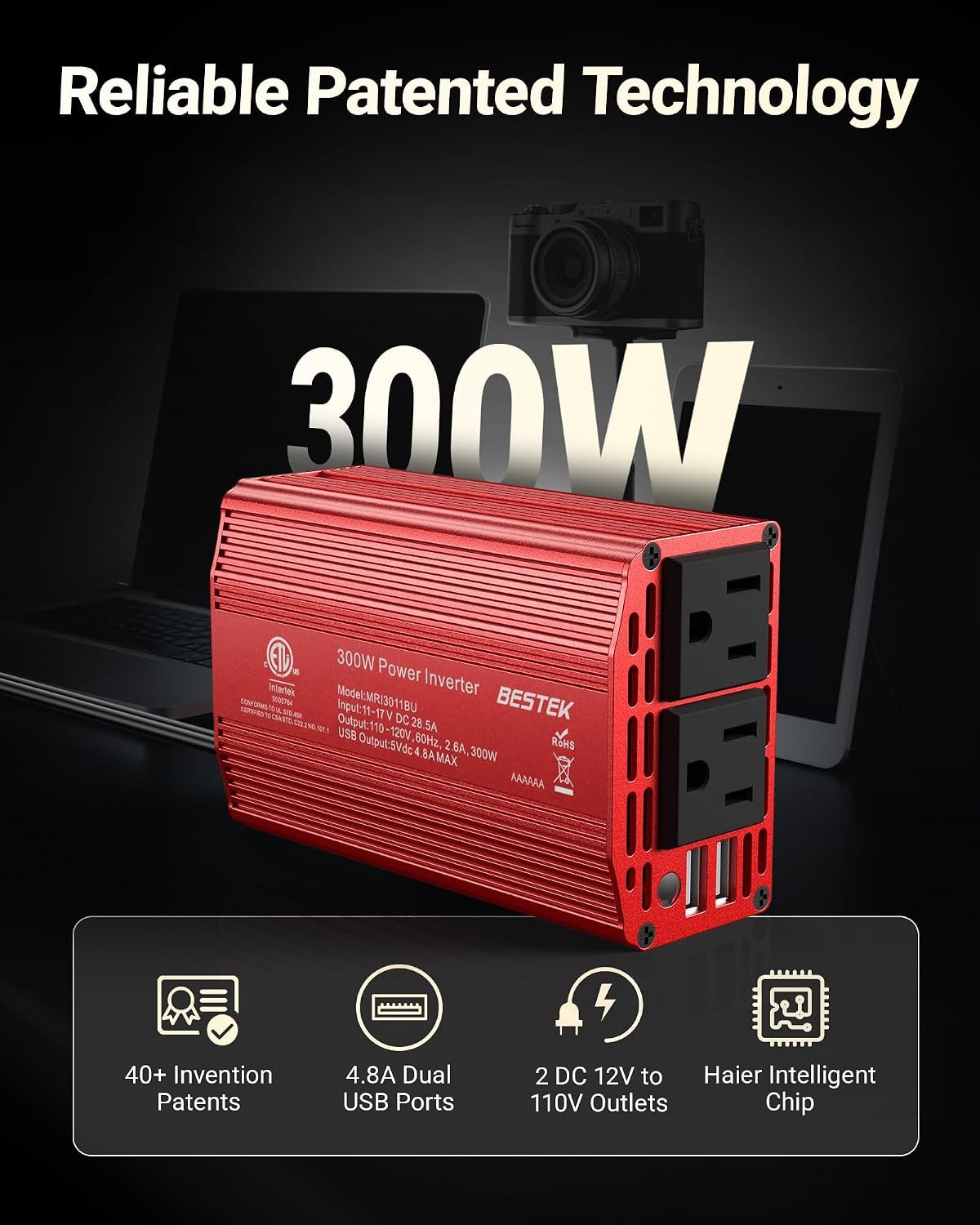 BESTEK Power Inverter DC 12-17V to AC 110V - 300W Car Plug Adapter Outlet - Image 2