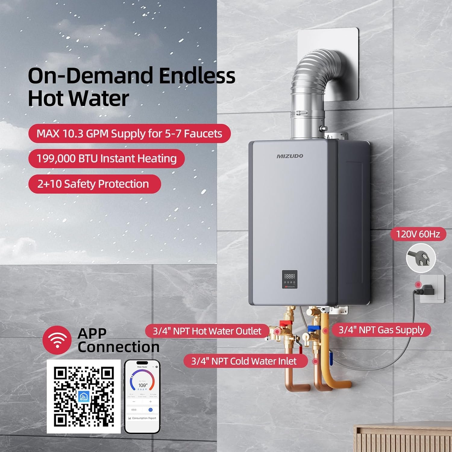 MIZUDO Propane Gas Tankless Water Heater, 199,000 BTU, Indoor - Image 4