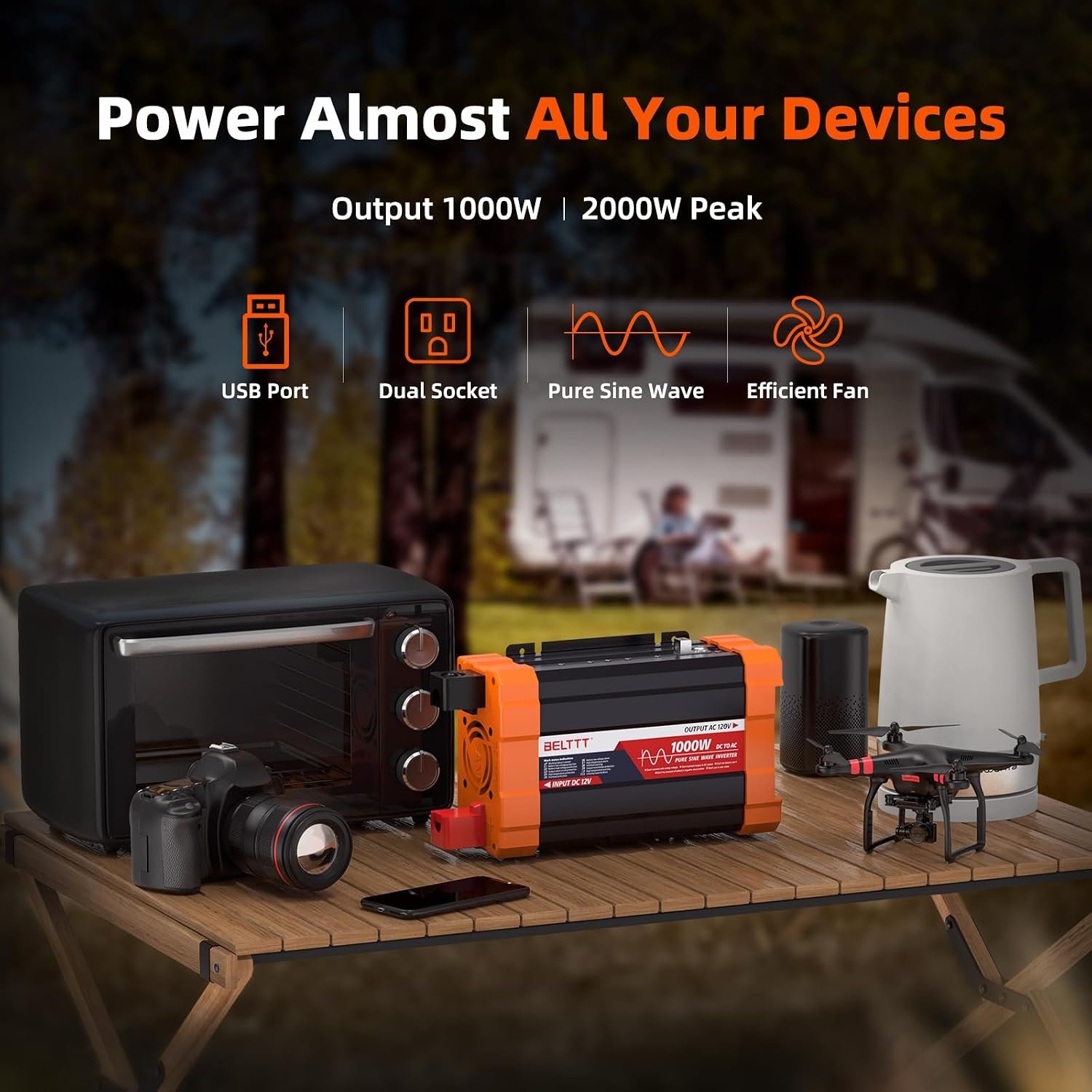 BELTTT 1000Watt Pure Sine Wave Inverter 12V DC to 120V AC, 2000W Peak - Image 7