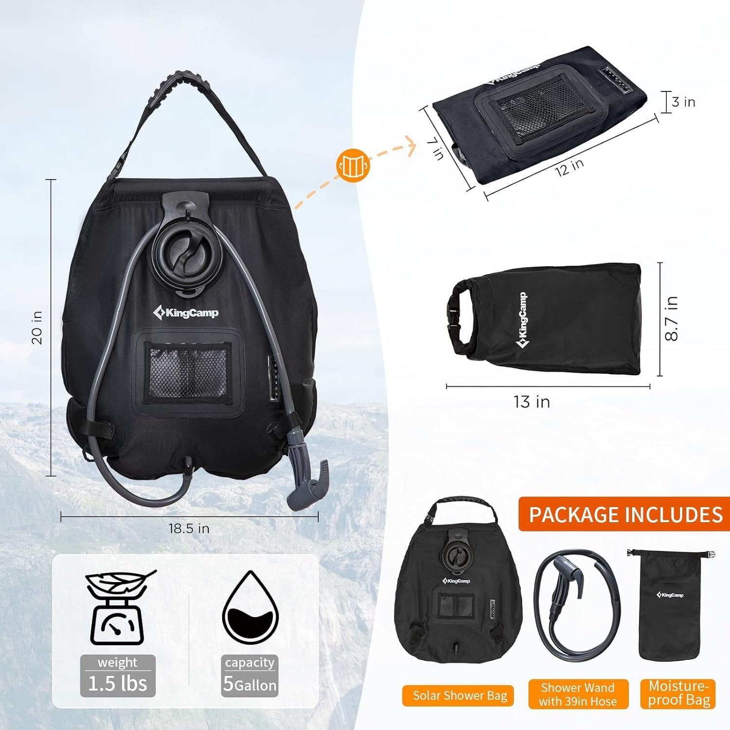 KingCamp Solar Shower Bag, Leak-Proof Design Camping Bag with Thermometer, Removable Hose & Switchable Shower Head, 5 gallon/20L - Image 2