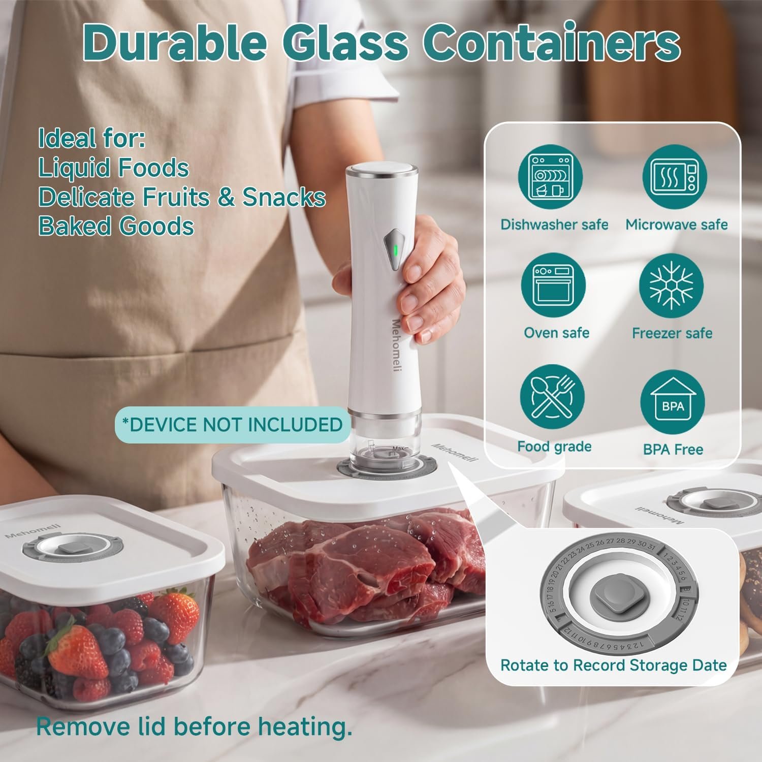 Mehomeli Glass Vacuum Seal Containers, 3-Piece Set, Small Medium Large - Image 2