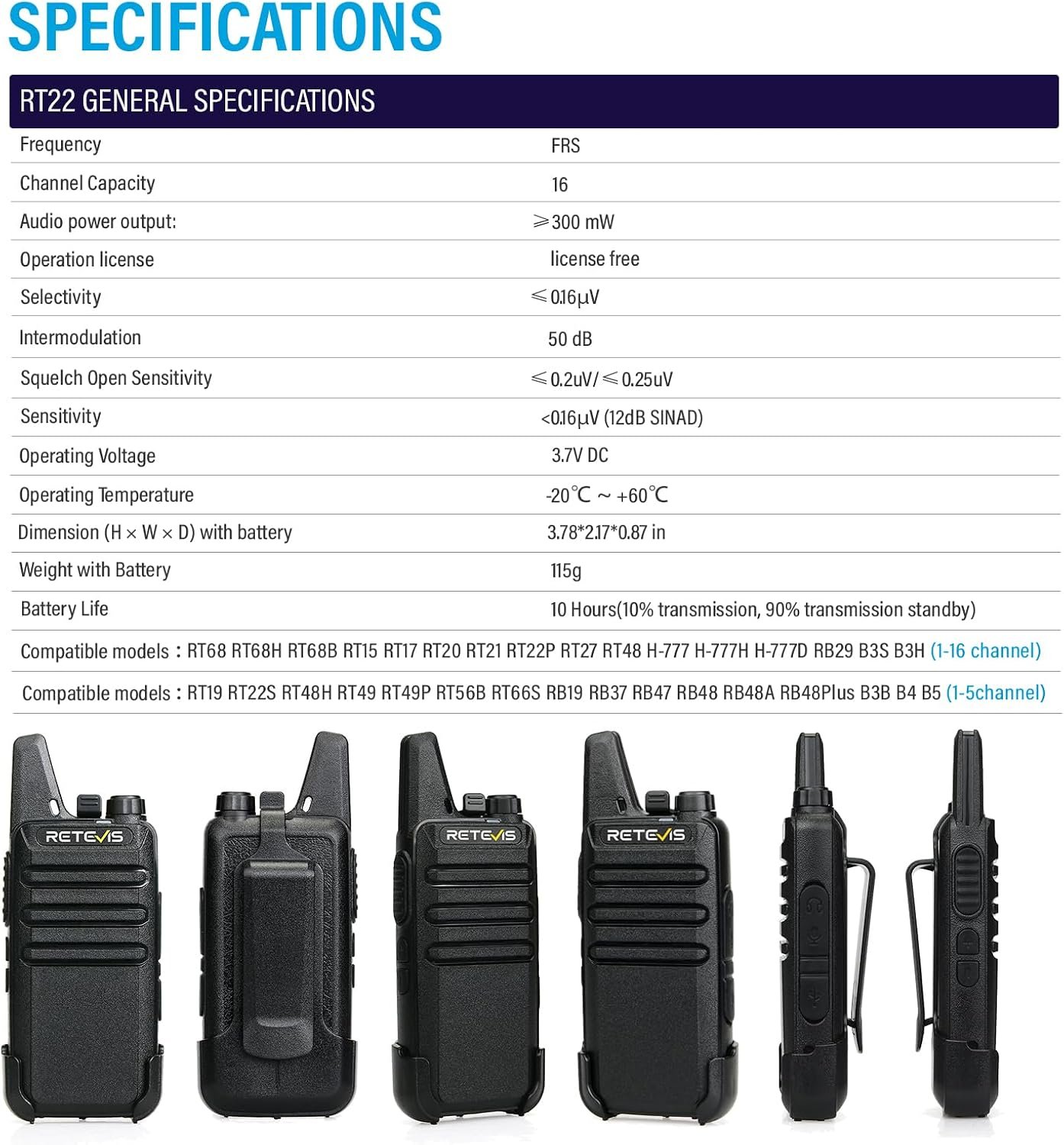 Retevis RT22 Compact & Lightweight FRS Walkie Talkies Long Range (4 Pack) - Image 7