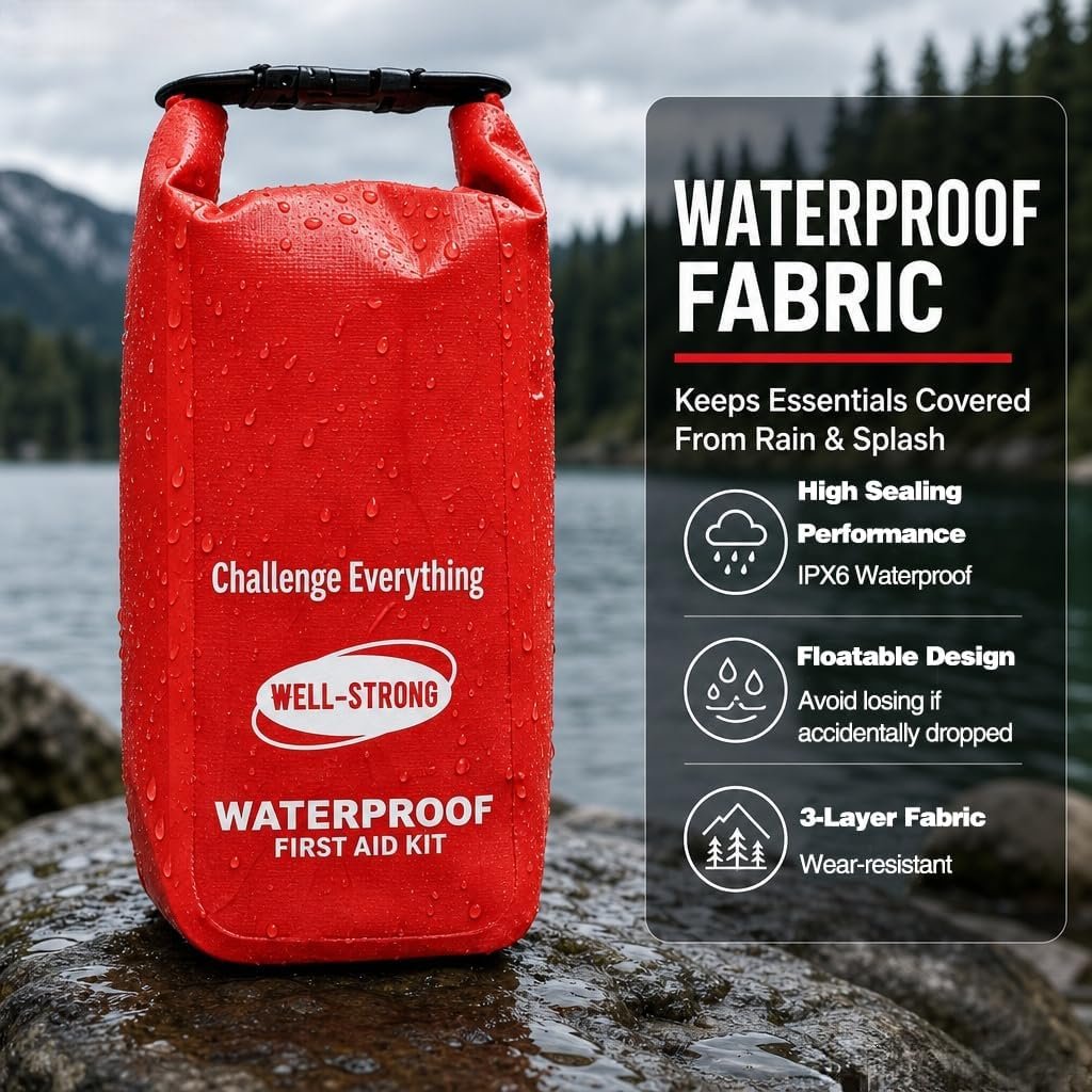 Waterproof First Aid Kit Roll Top Boat Emergency Kit with Waterproof Contents for Fishing Kayaking Boating Swimming Camping Rafting Beach Red - Image 2