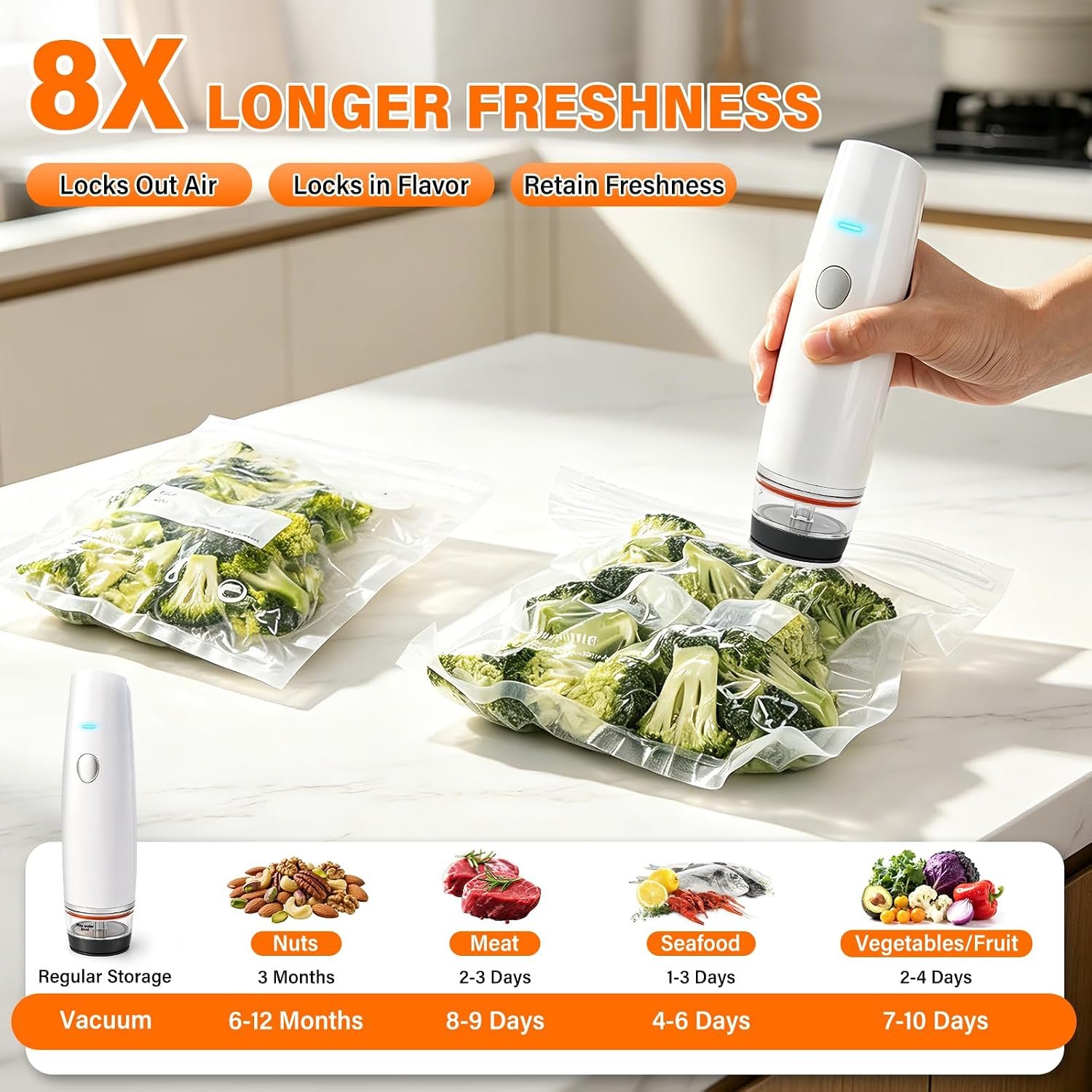 -80kPa Compact Vacuum Sealer for Food (Vacuum Sealer Machine + 30 Reusable Bags), Cordless Handheld Vacuum Sealer Machine Portable Mini Food Sealer for Sous Vide & Meal Prep-White - Image 3
