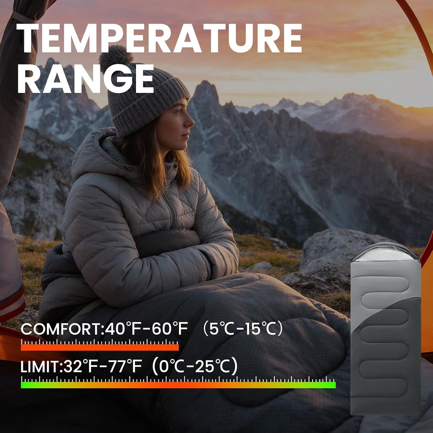 Camping Sleeping Bag for Adults 3-4 Season, Cold Weather Rated Sleeping Bag Waterproof Windproof with Inflatable Pillow, Breathable Foot Zipper, Soft Brushed Fabric, Portable for Outdoor Hiking Travel - Image 2