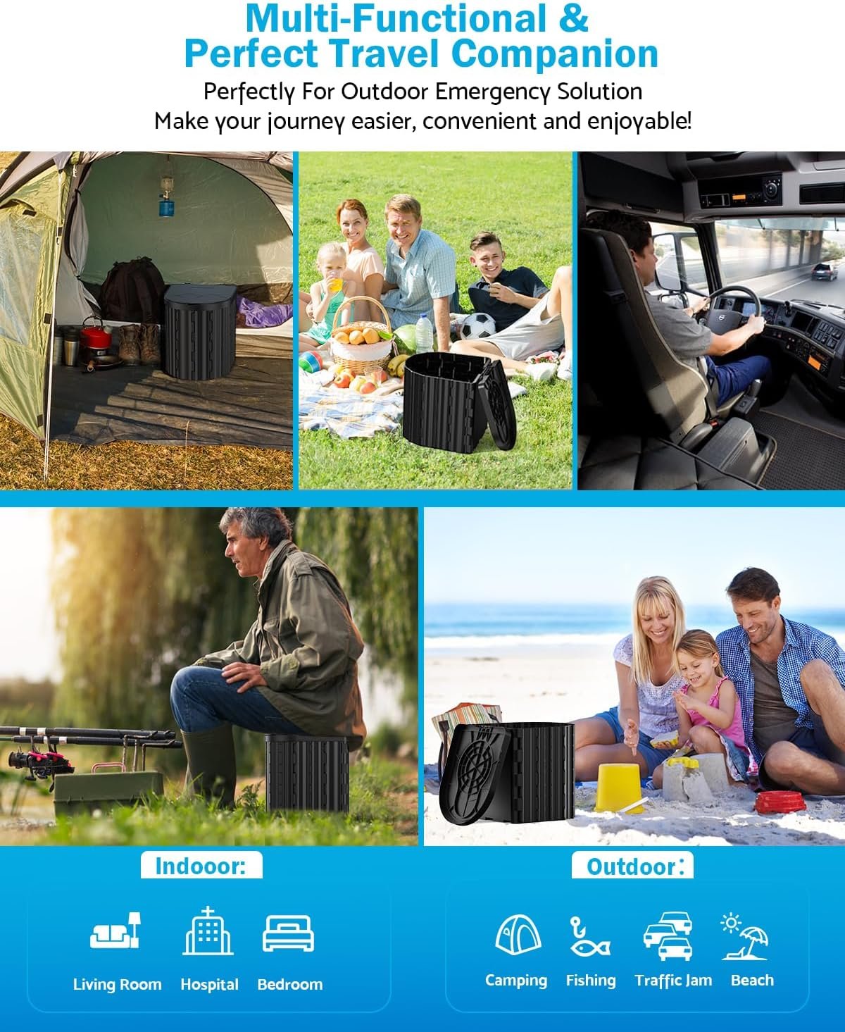 Portable Toilet, Upgraded 15'' toilet With Removable Paper Holder, Camping Toilet With A Load Capacity Of 450 Lbs, Portable Potty for Camping, Hiking, Road Trip, Car, RV, Tent, Beach, Truck Drivers - Image 7