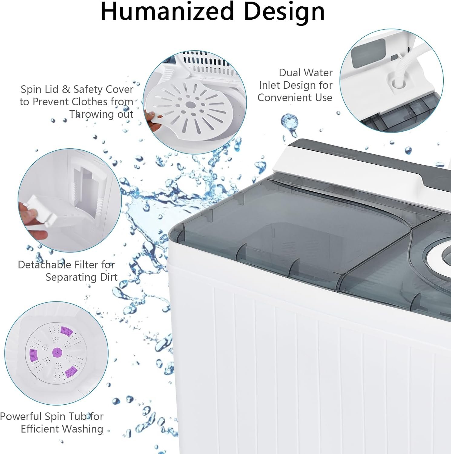 COSTWAY Portable Washing Machine, Twin Tub 26 Lbs Capacity, 18 Lbs Washer and 8 Lbs Spinner, Compact Washer with Control Knobs, Timer Function, Drain Pump, Laundry washer for Apartment RV, Grey - Image 7