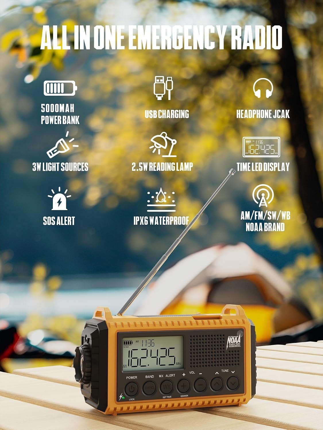 Emergency Radio Hand Crank NOAA Weather Alert/AM/FM/SW, 5000mAh Rechargeable Battery Powered Solar, Portable with 2-Mode LED Flashlight, SOS Alarm - Image 3