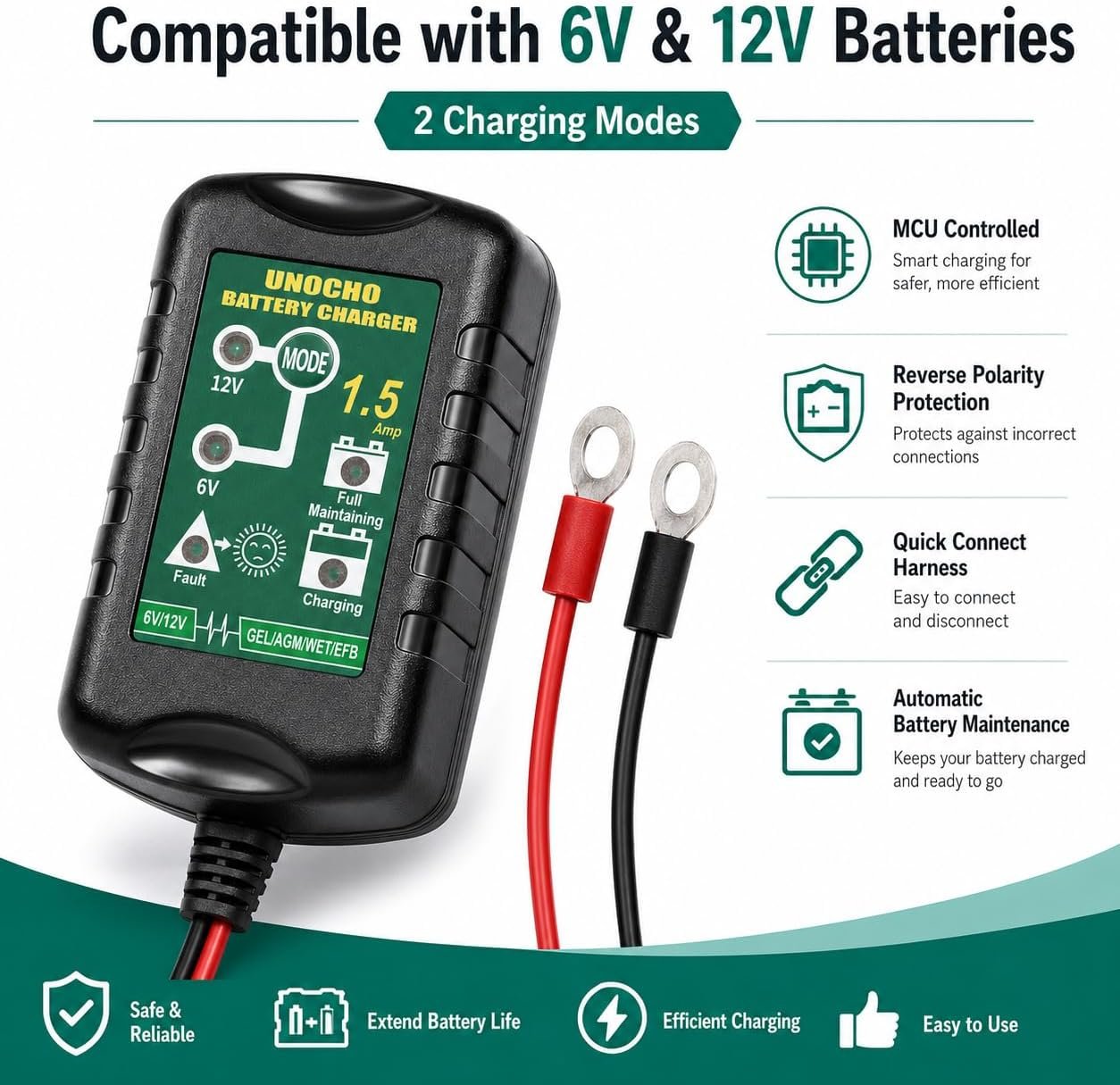 Unocho 6V/12V Battery Charger Maintainer 1.5A Automatic Trickle Charger Smart Float Charger for Car Motorcycle Lawn Mower Boat ATV Snowmobile Lead-Acid AGM GEL SLA VRLA WET Batteries - Image 3