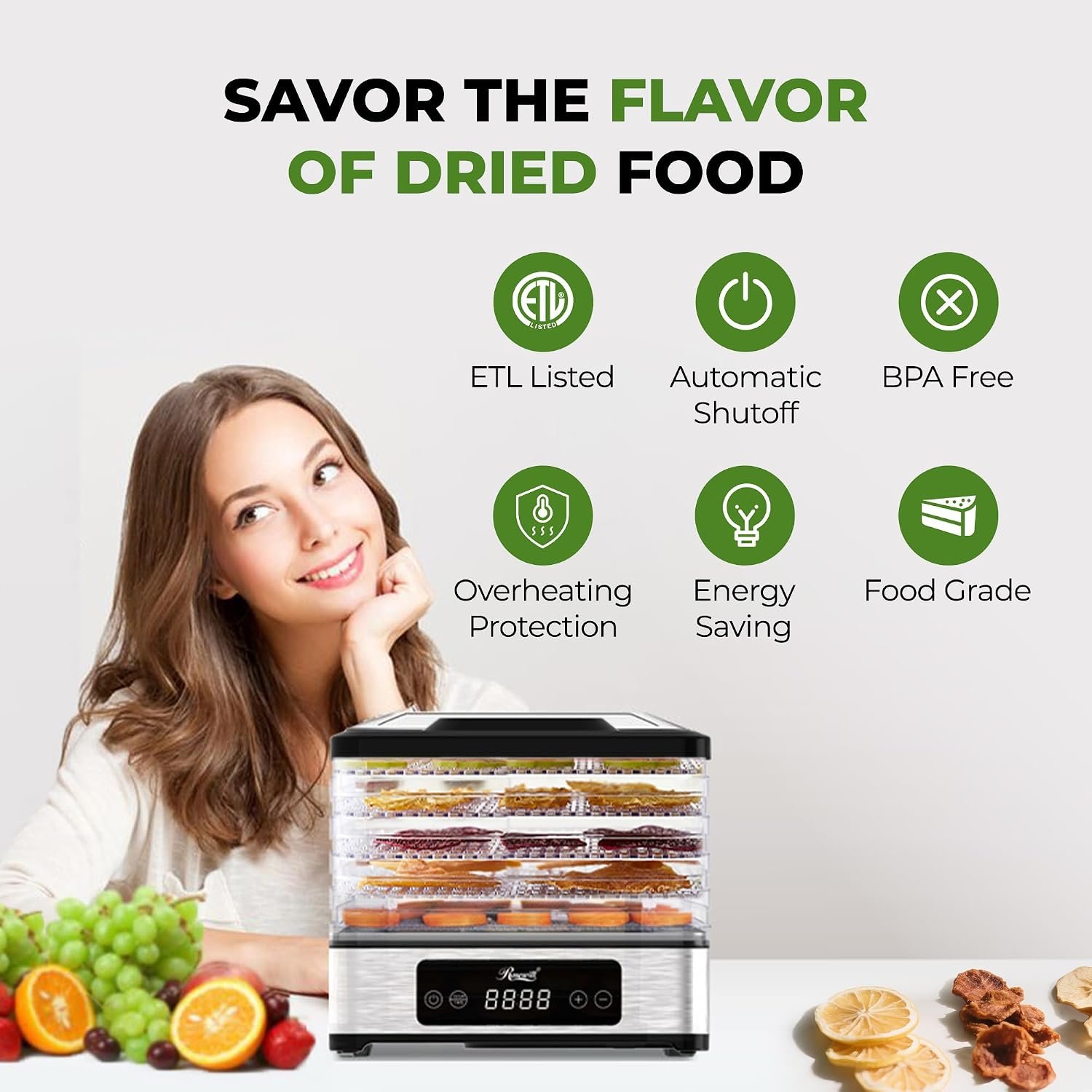 Rosewill Compact Food Dehydrator, 5 Stackable Trays with Adjustable 48H Timer and Temperature Control - 400W Electric Food Dryer for Jerky, Fruits, Herbs, Veggies, Meat & Dog Treats - Image 5