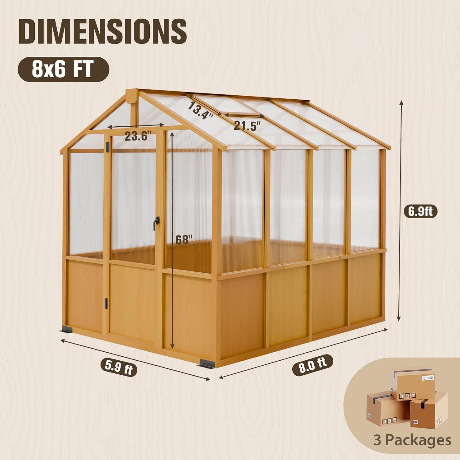 COOS BAY 6x8ft Cedar Wood Greenhouse with Roof Vents, Outdoor Greenhouse Kit, Weather Resistant Plant Garden House, Natural Cedar - Image 3