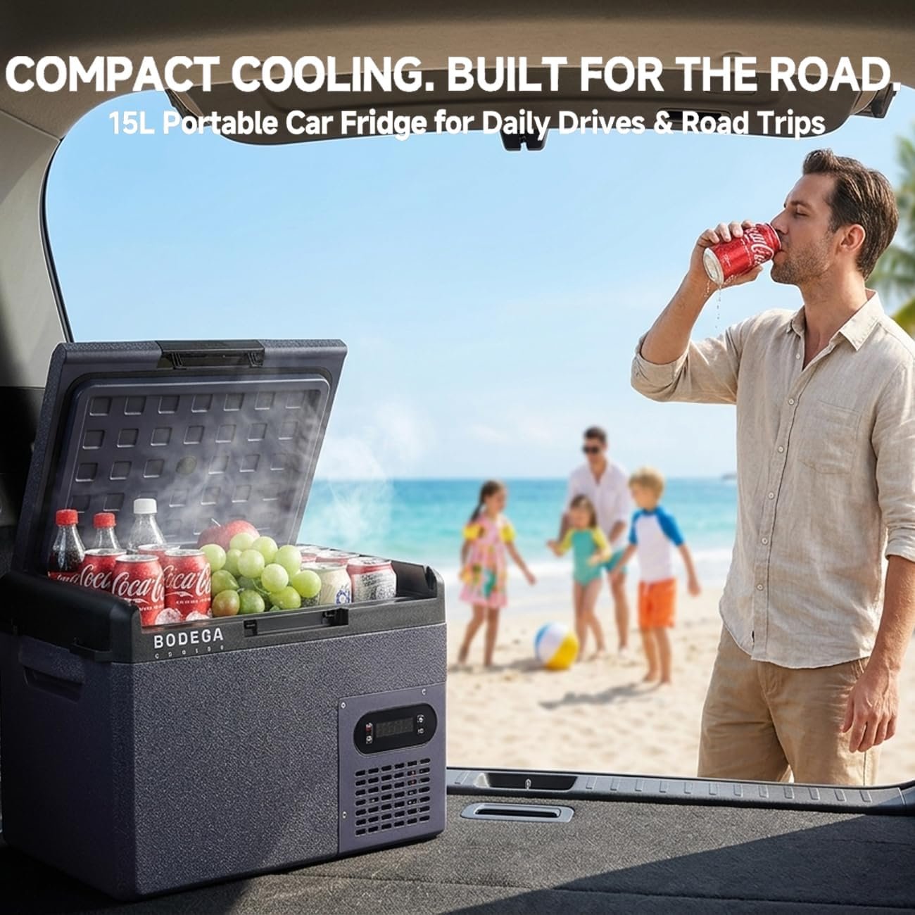 BODEGA 12 volt Car Refrigerator – 16QT Portable, Low Noise, Fast Cooling with LED Display, Multiple Charging Options, Energy-Efficient for Road Trips & Outdoor Adventures - Image 2