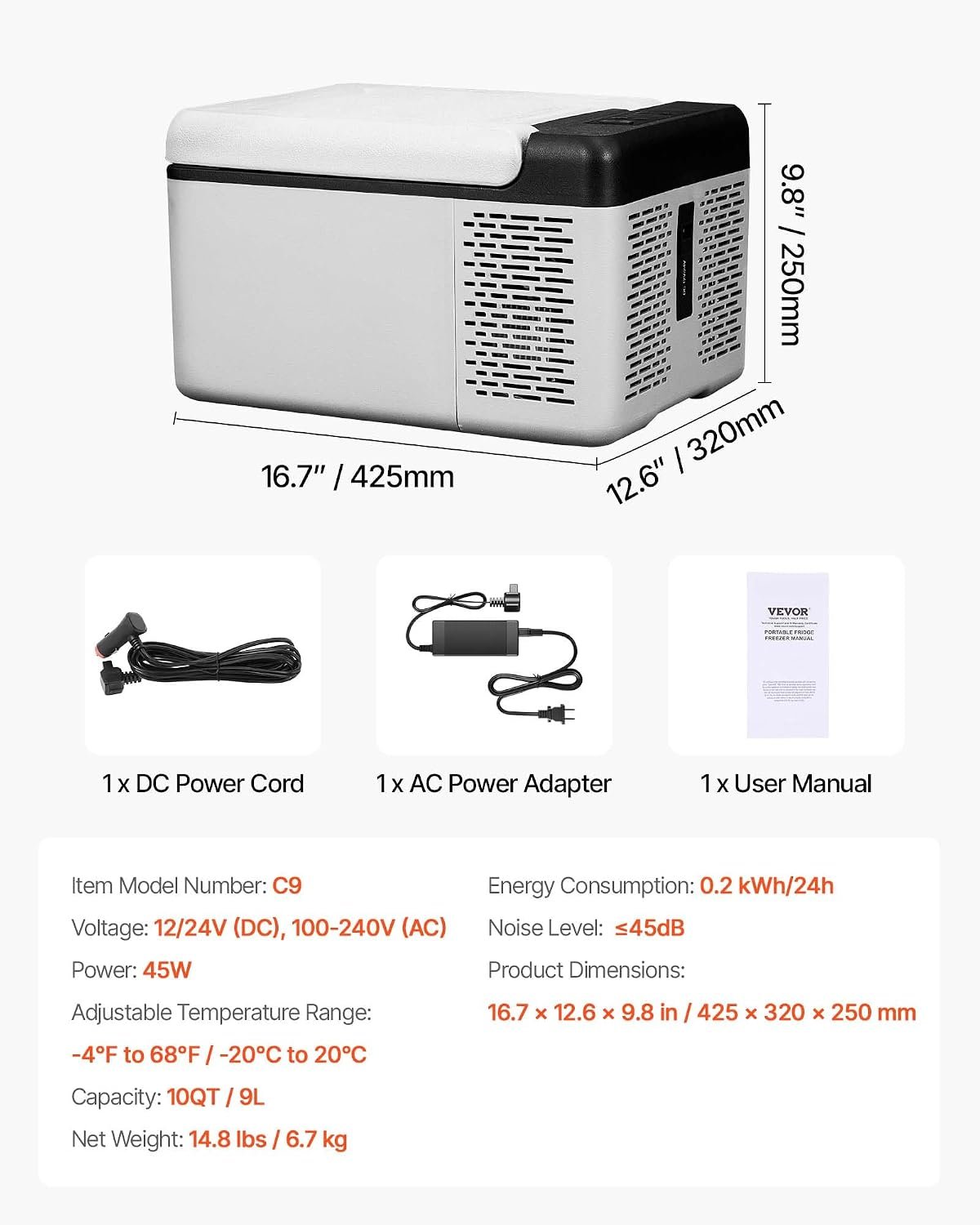 VEVOR 12V Car Refrigerator 10 QT, Portable Mini Freezer with APP Control, -4℉ to 68℉, 12/24V DC & 110-220V AC Compressor Cooler for Travel, Camping, Home, Road Trip - Image 6