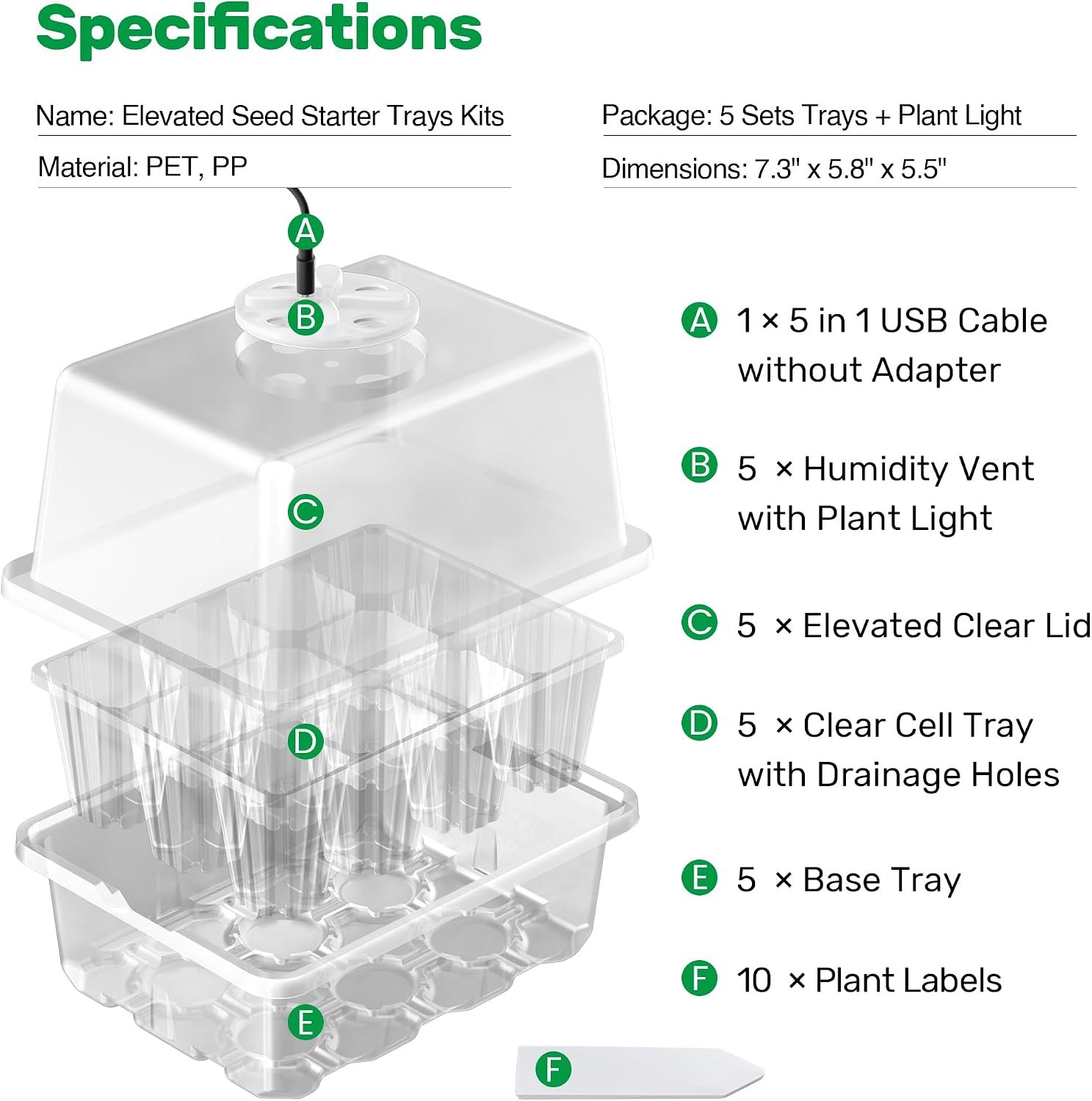 Bonviee Seed Starter Trays with 12-LED Grow Lights, Clear, 5 Pack - Image 2